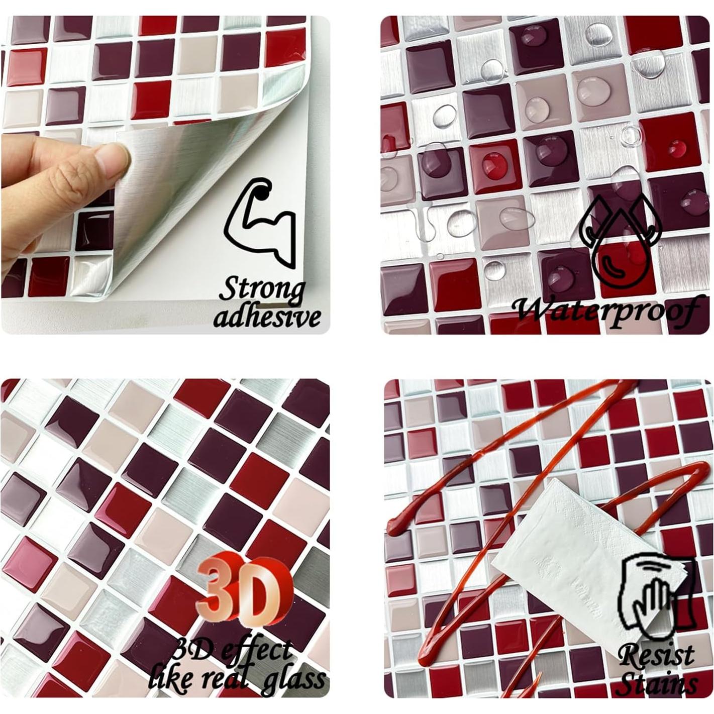 Azulejos Autoadhesivos Alwayspon 10 Hojas 30.5x30.5cm 3D Rojo Vino