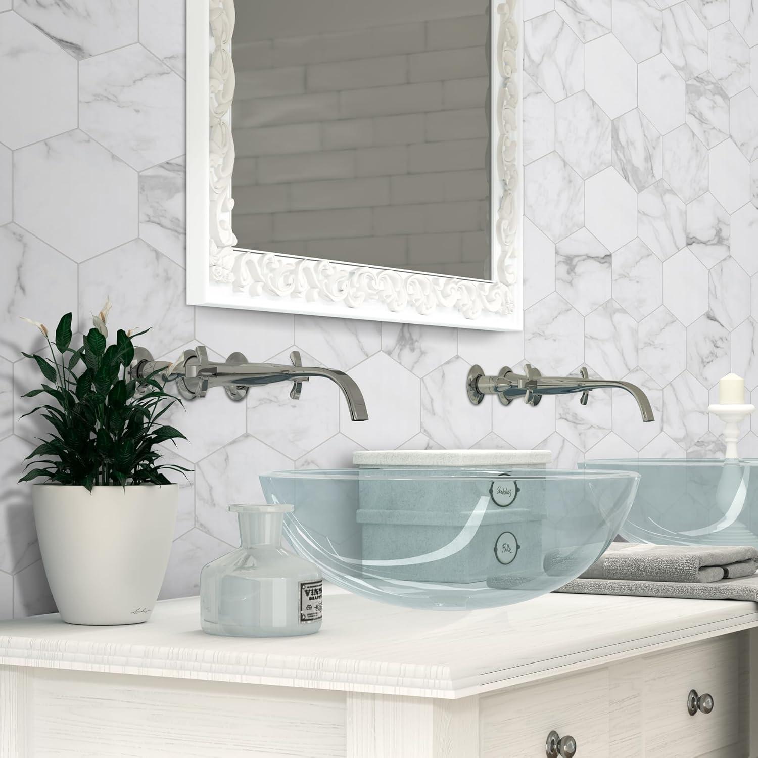 Azulejos Hexagonales Autoadhesivos INNO STICKERS 45 Piezas 15.24x17.78cm Mármol Blanco