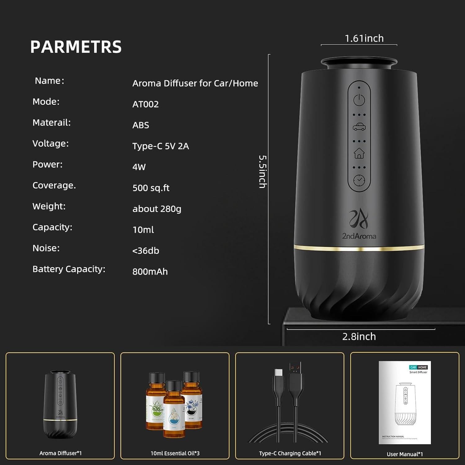 Difusor de Aceite Esencial Sin Agua 2ndAroma Negro 10ml