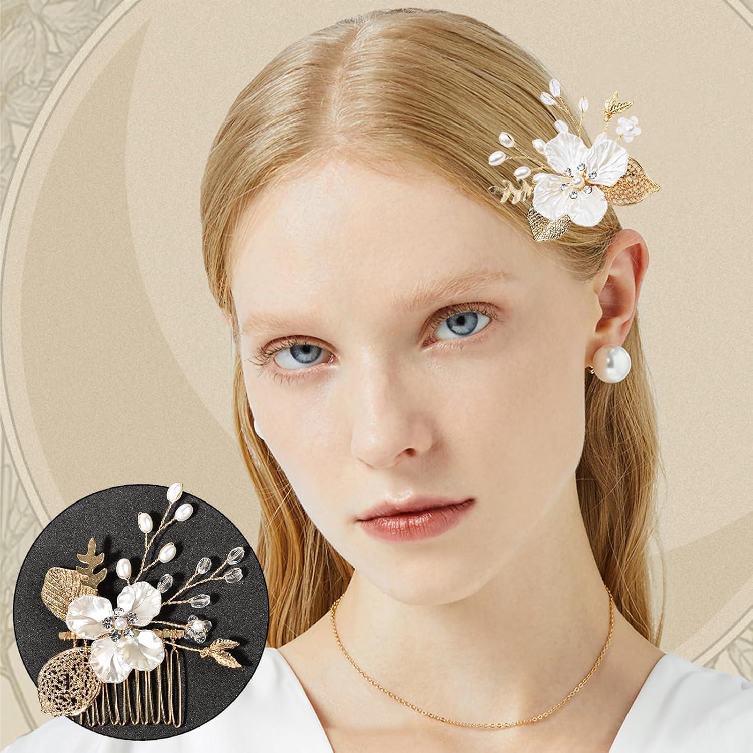 3 Horquillas de Boda Doradas con Perlas y Cristales SHEHARUHI