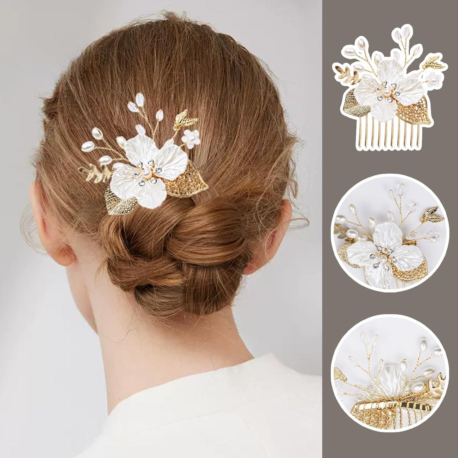 3 Horquillas de Boda Doradas con Perlas y Cristales SHEHARUHI