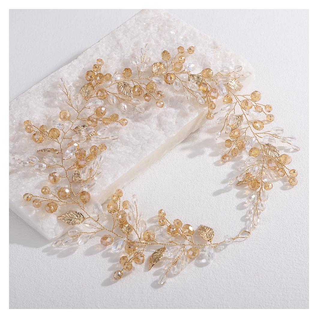 Vínculo de cabello Lenjicons con cuentas de cristal y hojas doradas