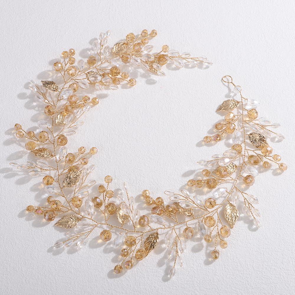 Vínculo de cabello Lenjicons con cuentas de cristal y hojas doradas