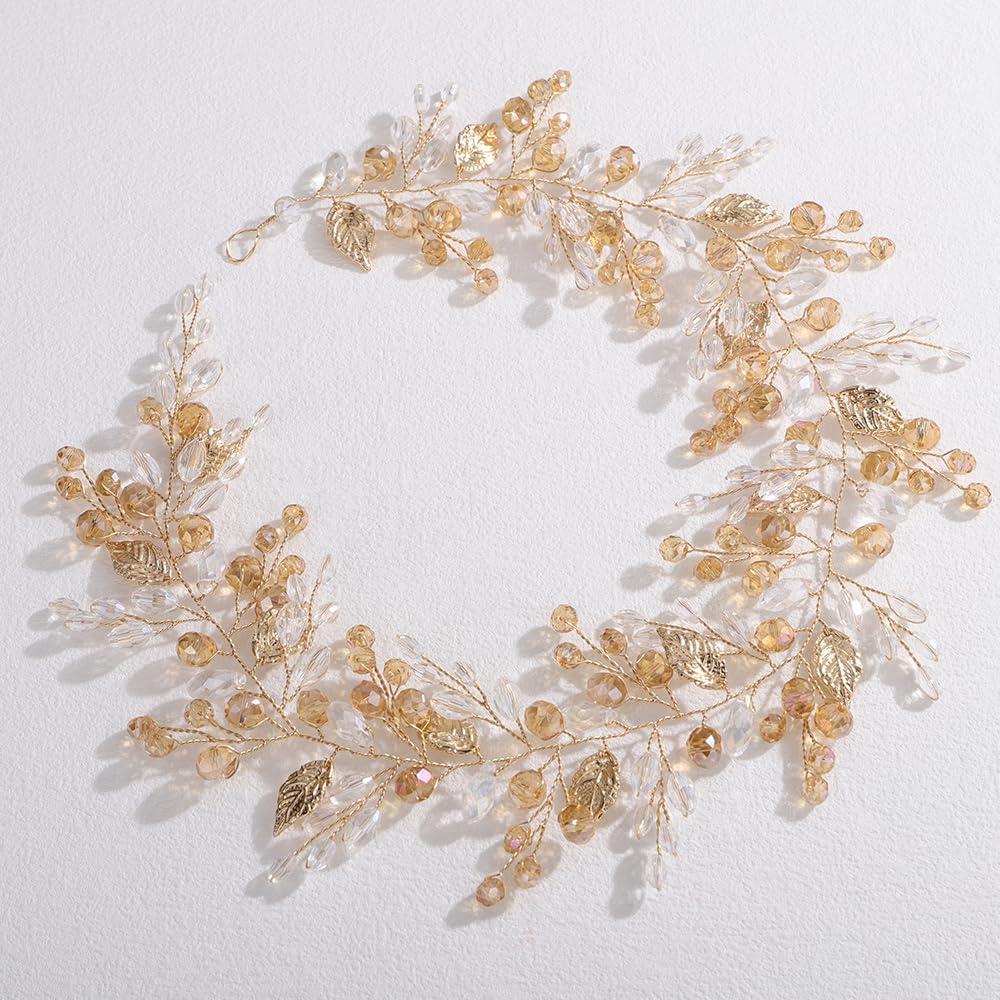 Vínculo de cabello Lenjicons con cuentas de cristal y hojas doradas