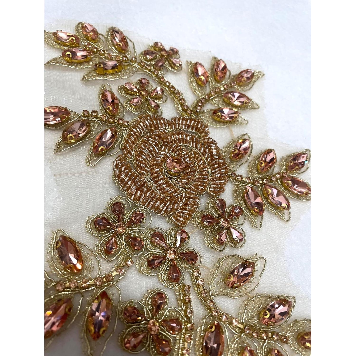 Aplique de Flores y Hojas de Perlas Labellezalady 15x36cm