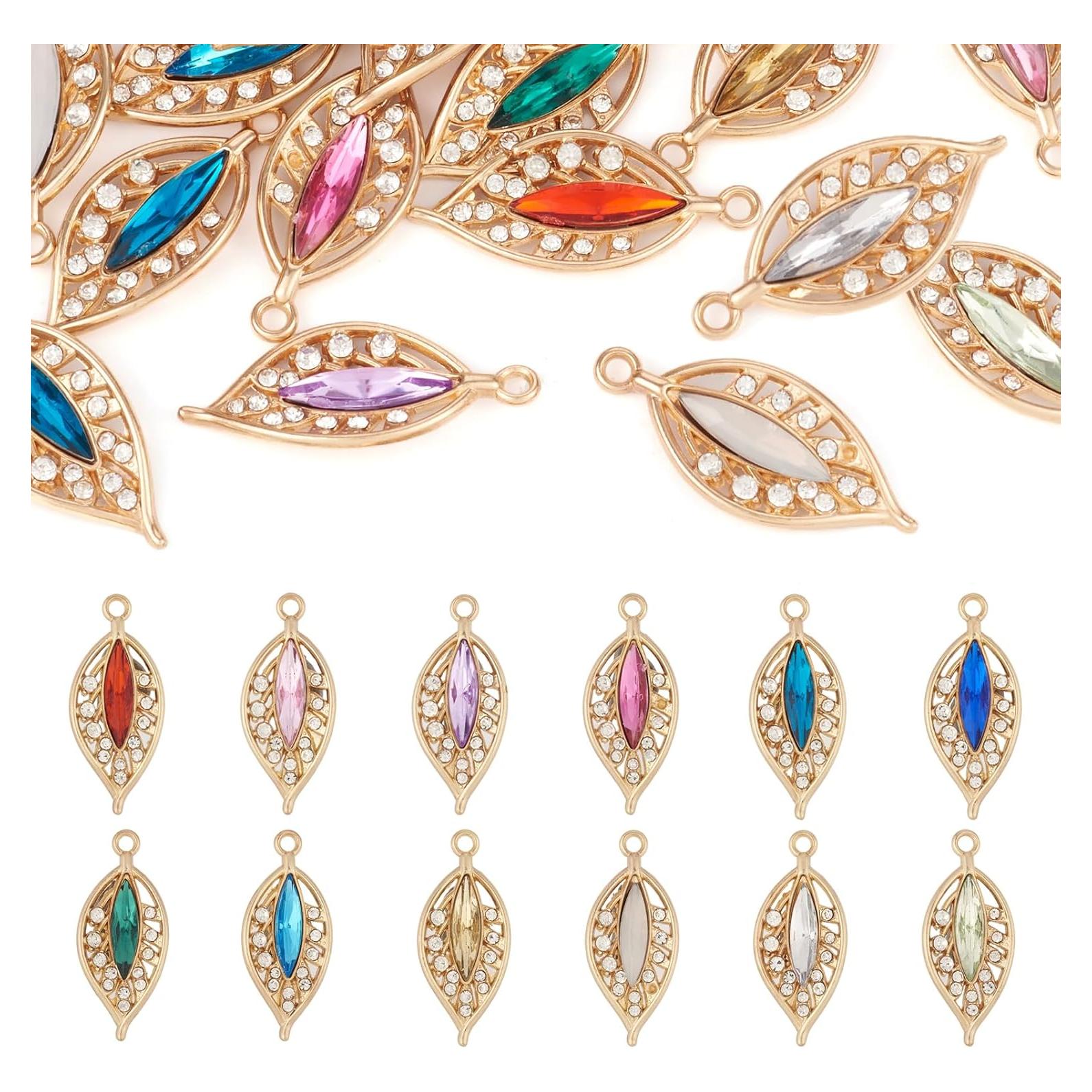 Encantos de Hoja de Rhinestone Coloridos 24 Piezas 13x31mm