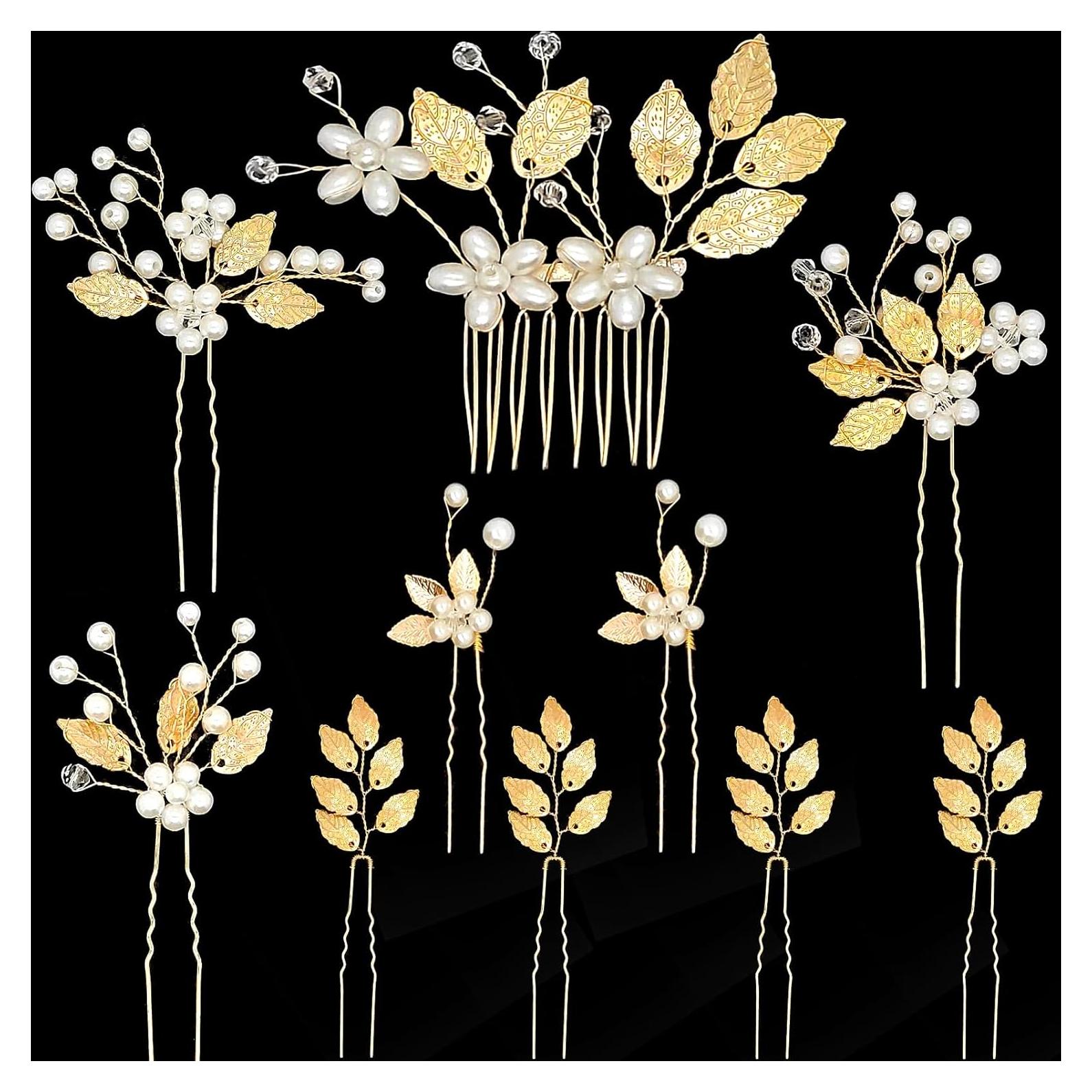 10 Horquillas de Novia Doradas BOYIVI con Perlas y Rhinestones