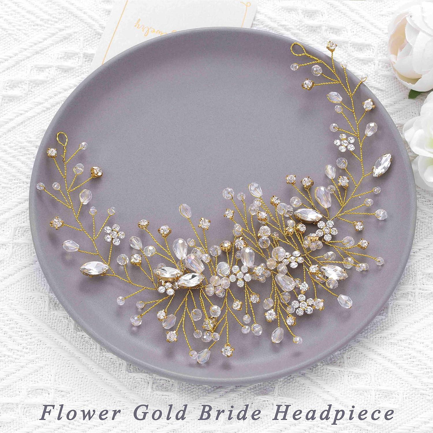 Tocado nupcial Unicra de flores y strass dorado 25 cm