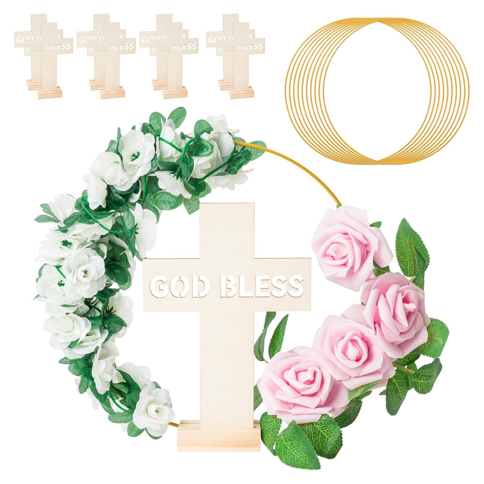 Corona Floral Dorada WATINC con Cruces y Rosas Falsas 25 cm