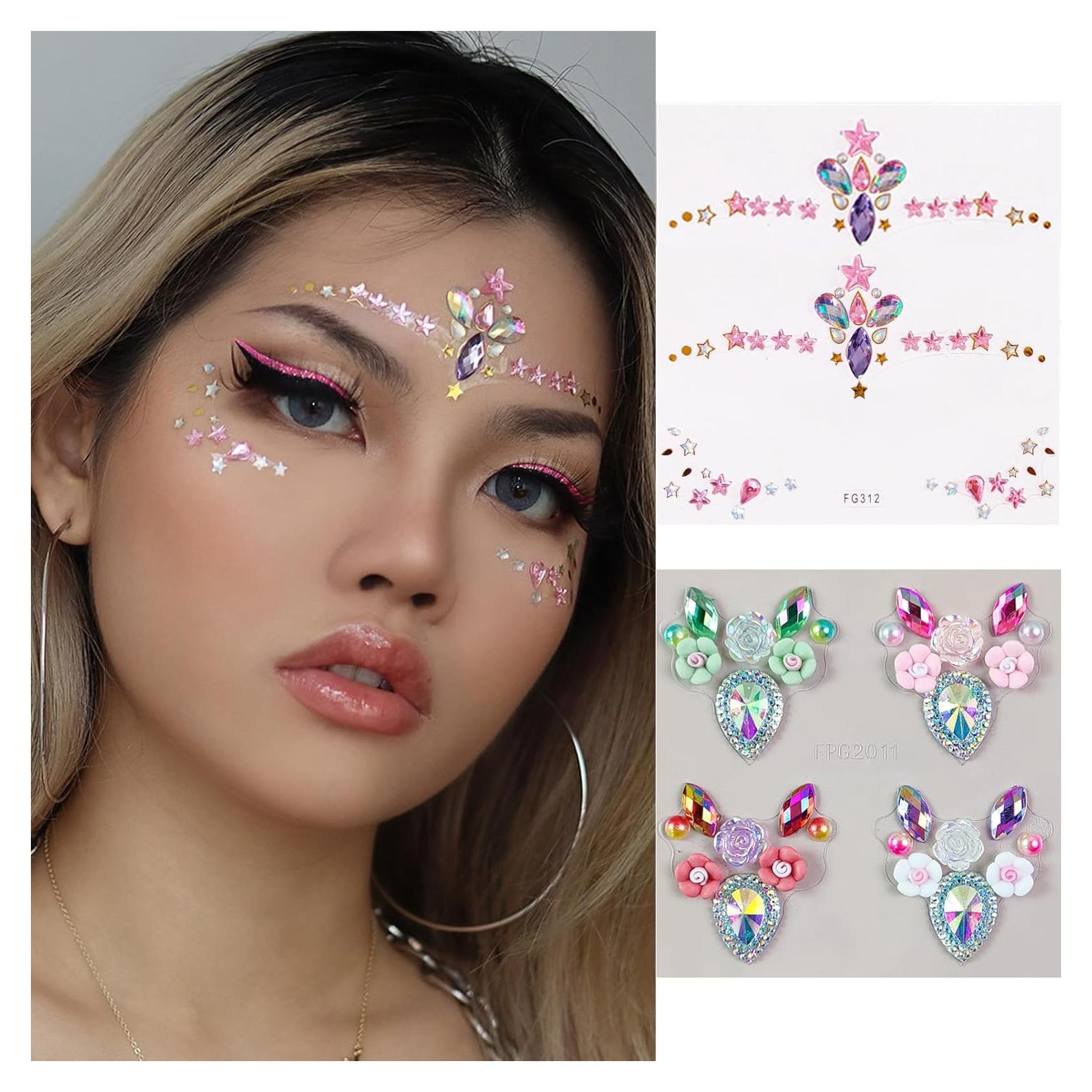 Calcomanías Faciales Rhinestone Ceresa - 2 Hojas Autoadhesivas