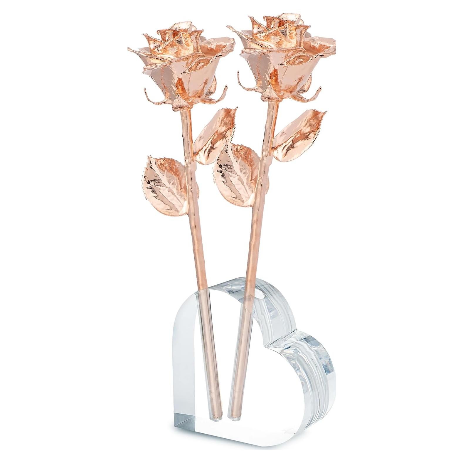 Rosa Eterna Oro Rosa - 2 Rosas Reales en Jarrón Acrílico