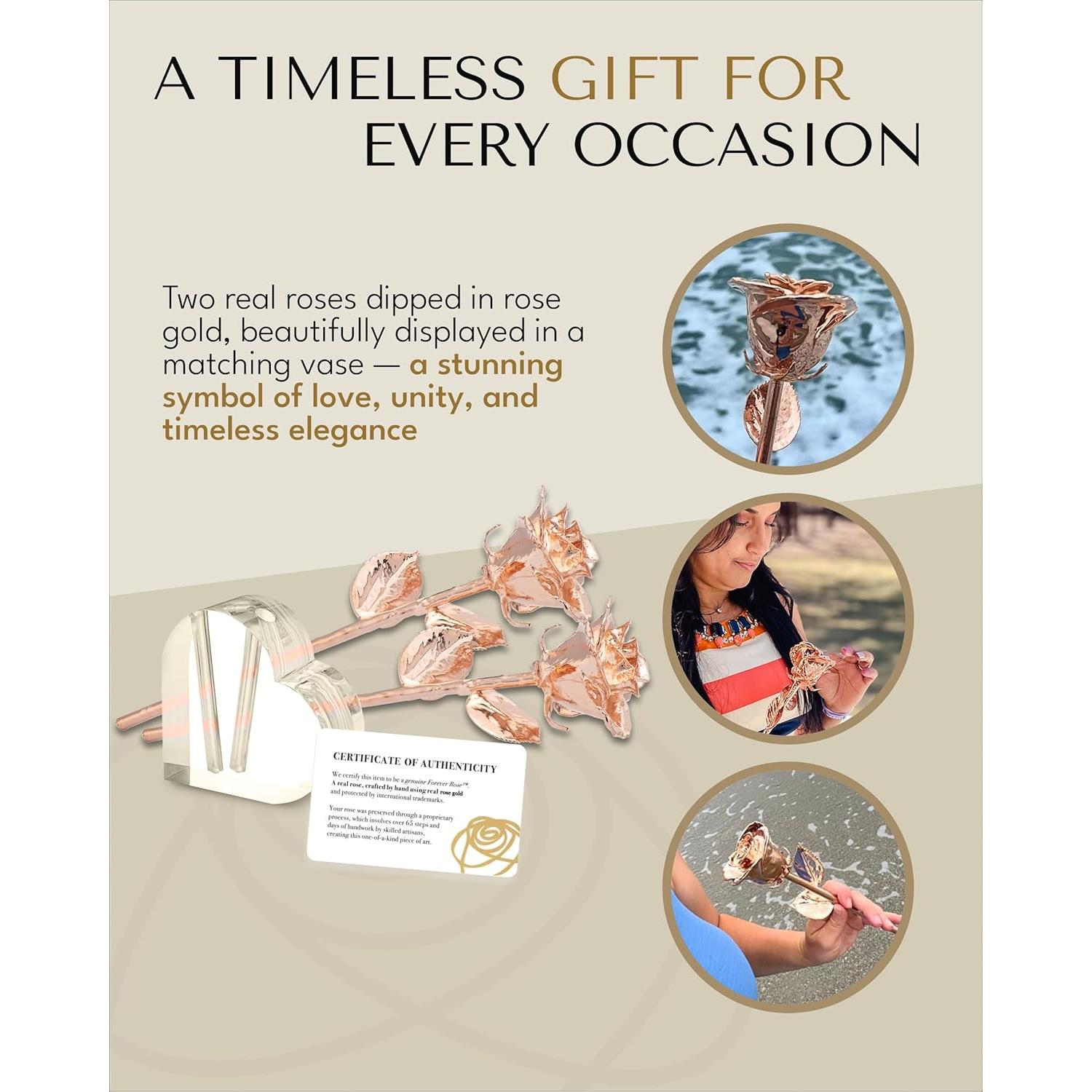 Rosa Eterna Oro Rosa - 2 Rosas Reales en Jarrón Acrílico