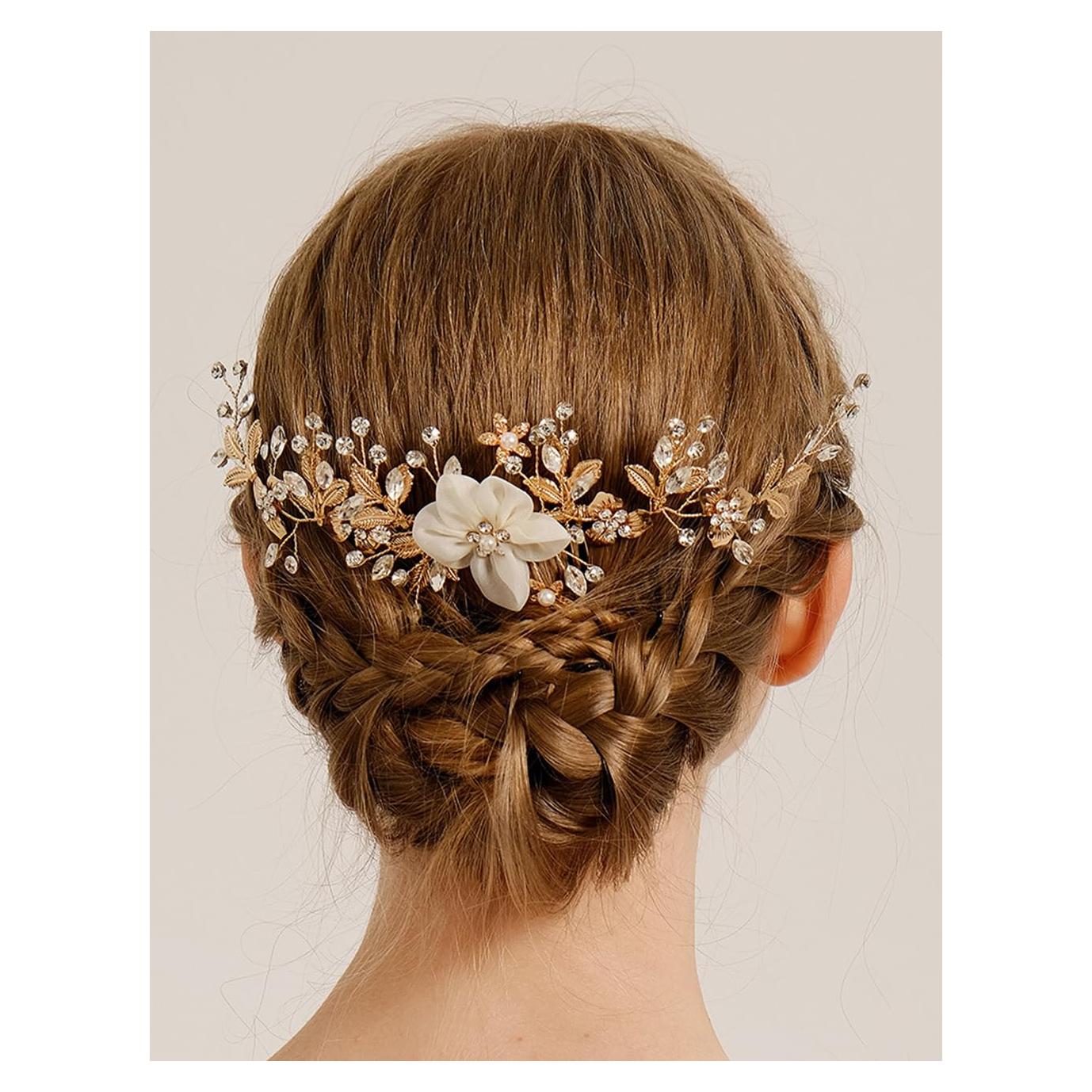 Peina de flores dorada Wekicici para novias con cristales