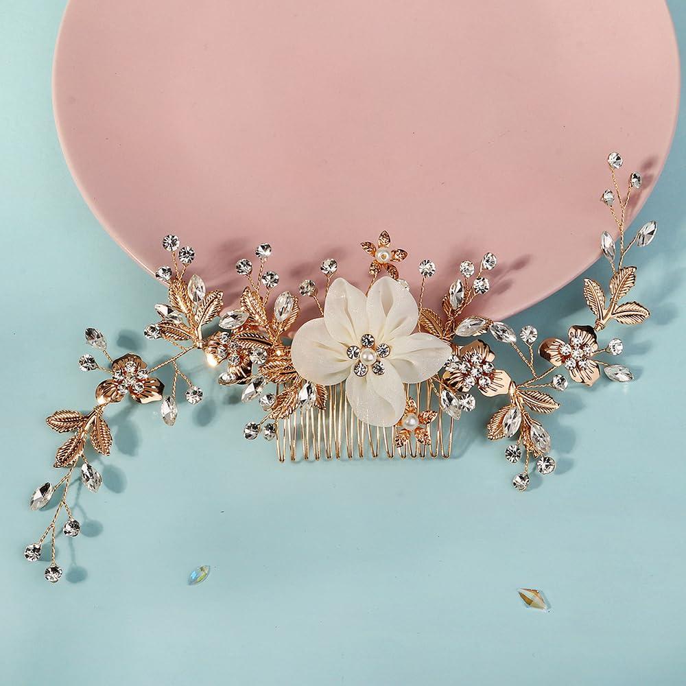 Peina de flores dorada Wekicici para novias con cristales