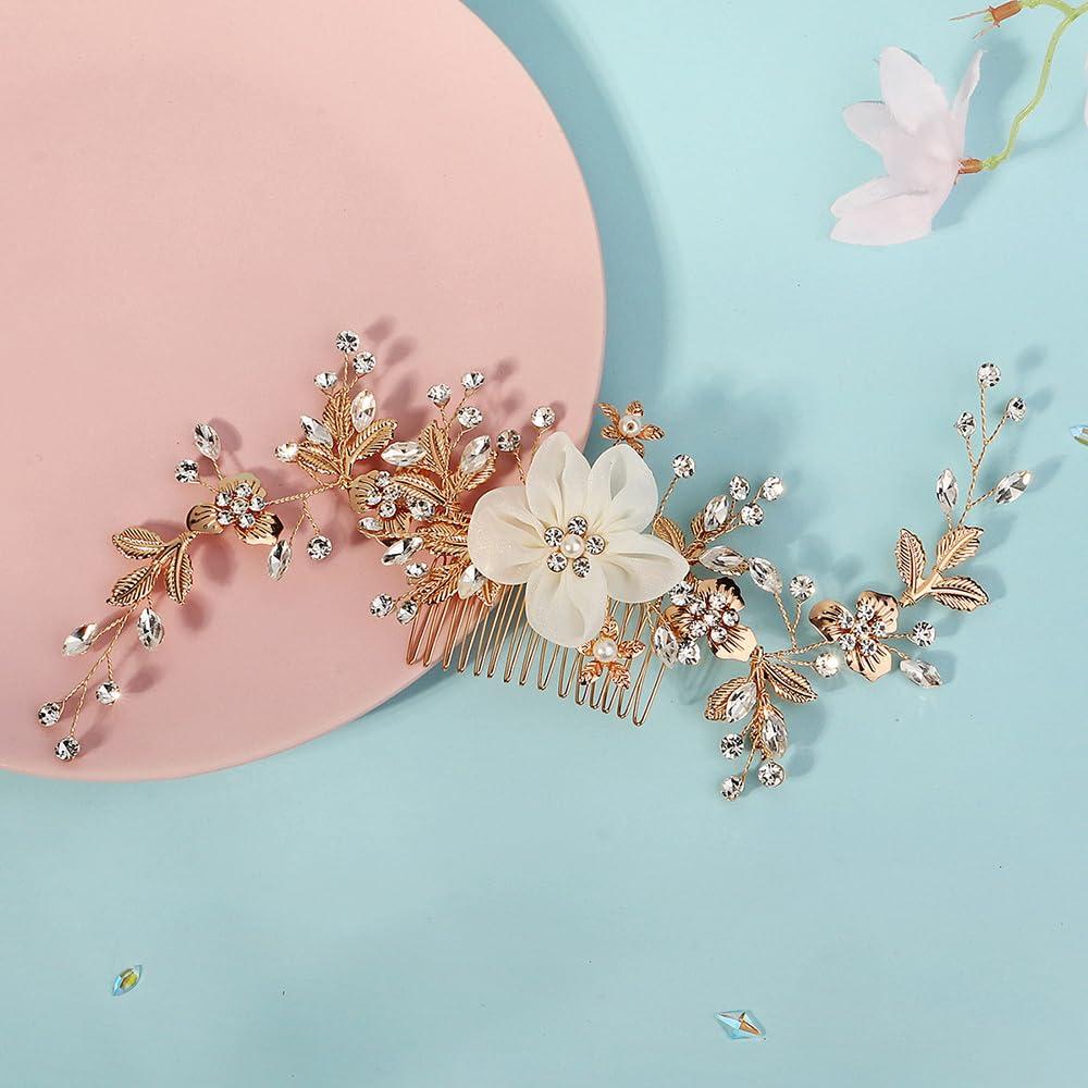 Peina de flores dorada Wekicici para novias con cristales