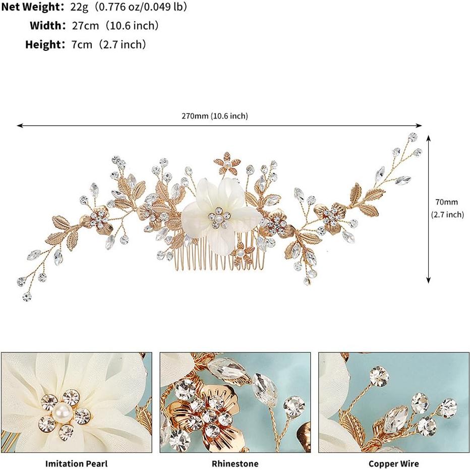 Peina de flores dorada Wekicici para novias con cristales