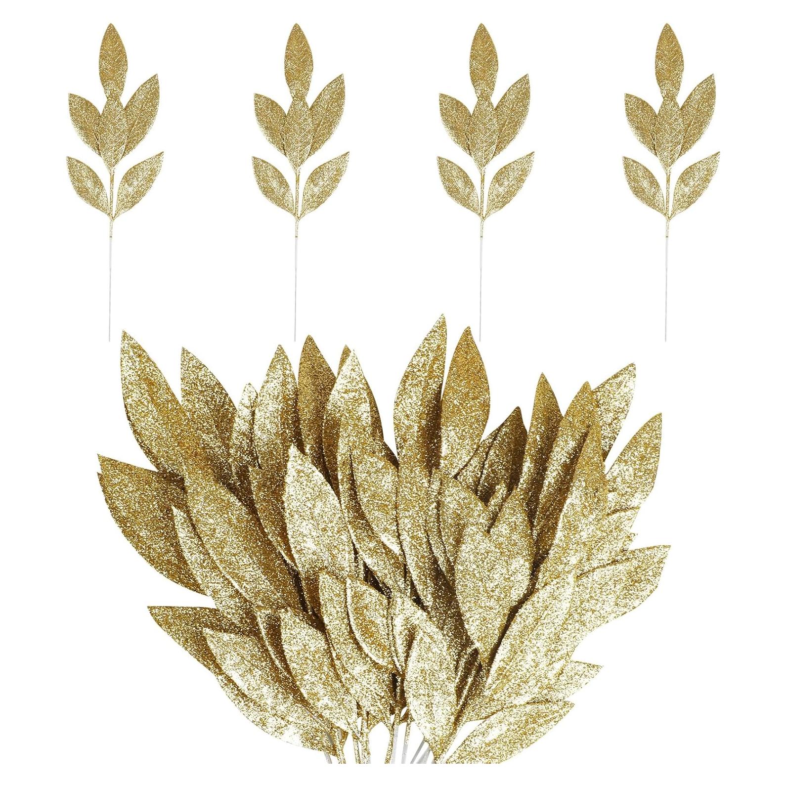 KIMOBER 20 Hojas Artificiales Doradas para Decoración Navideña