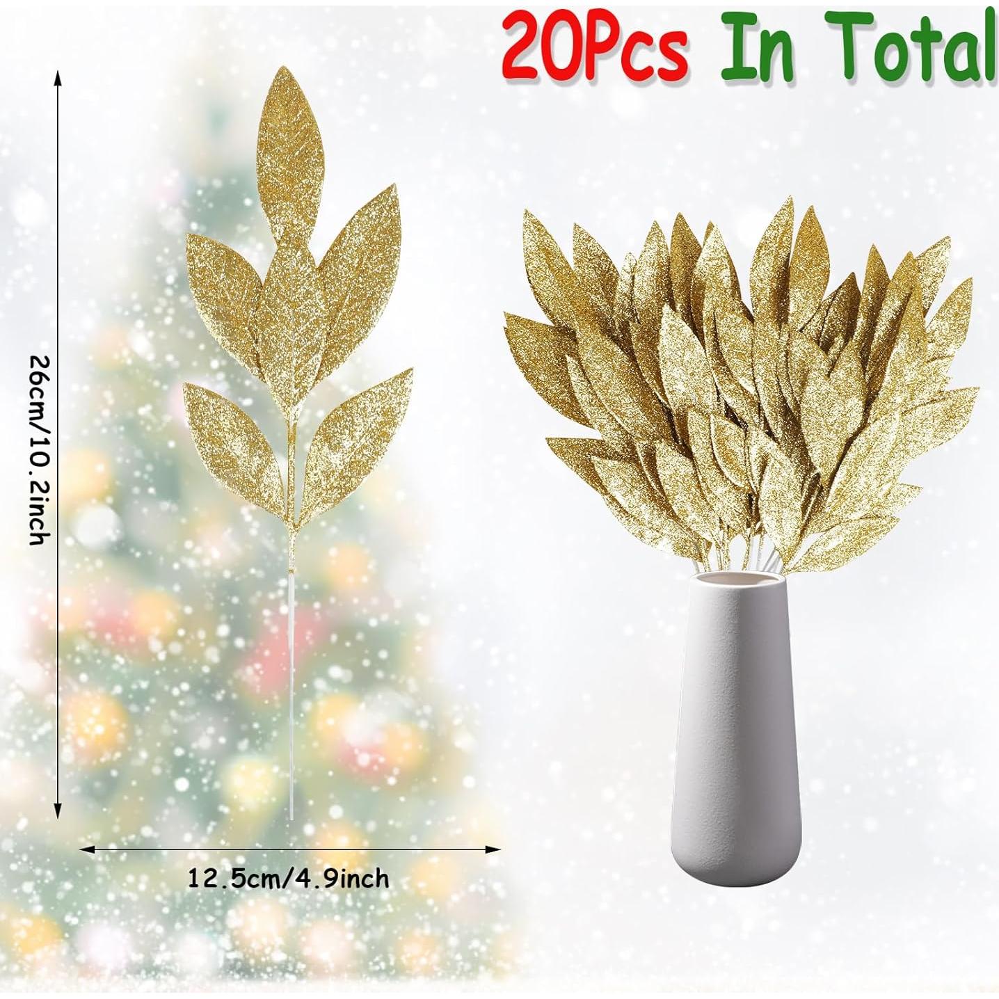 KIMOBER 20 Hojas Artificiales Doradas para Decoración Navideña