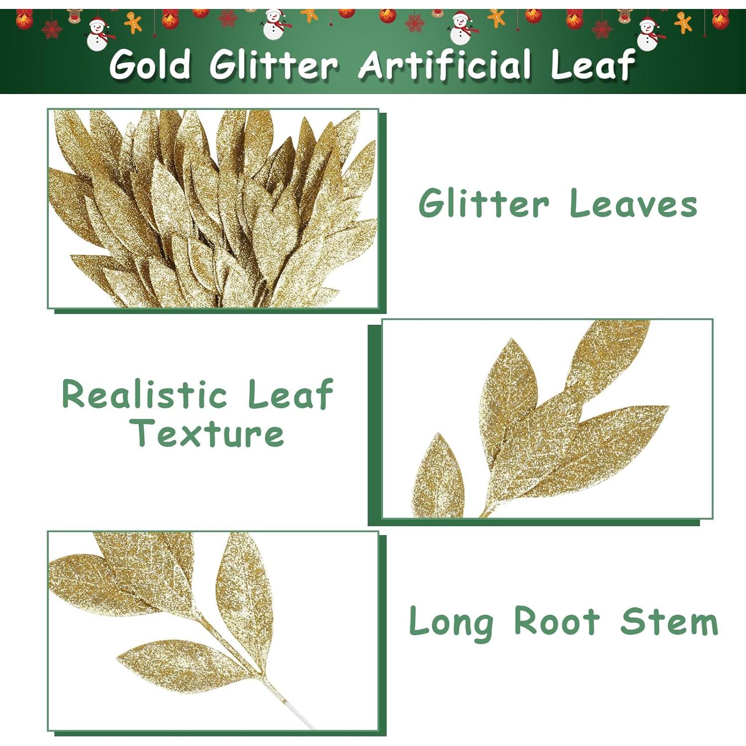 KIMOBER 20 Hojas Artificiales Doradas para Decoración Navideña