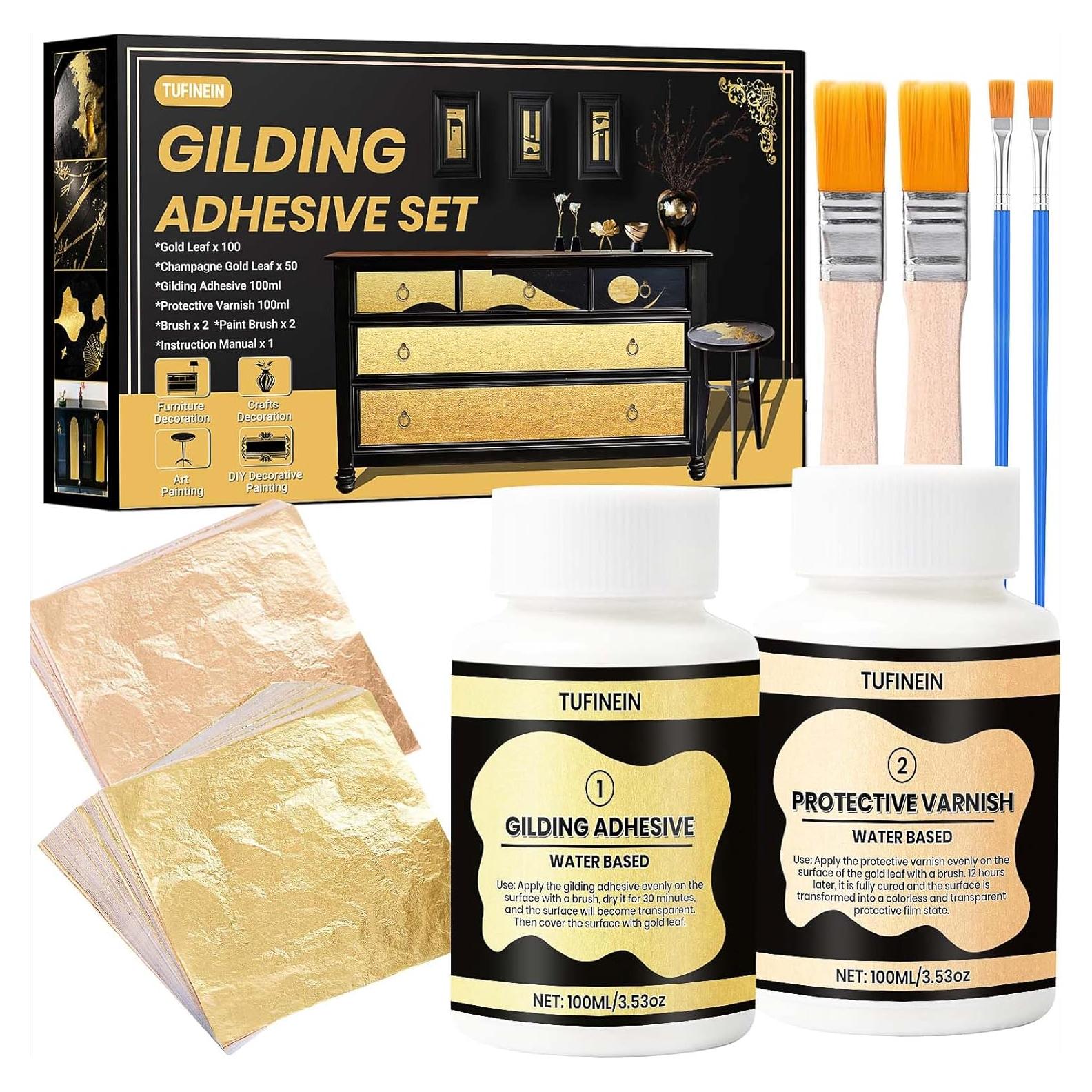 Kit de Dorado TUFINEIN 100ml Adhesivo y Barniz + 150 Hojas