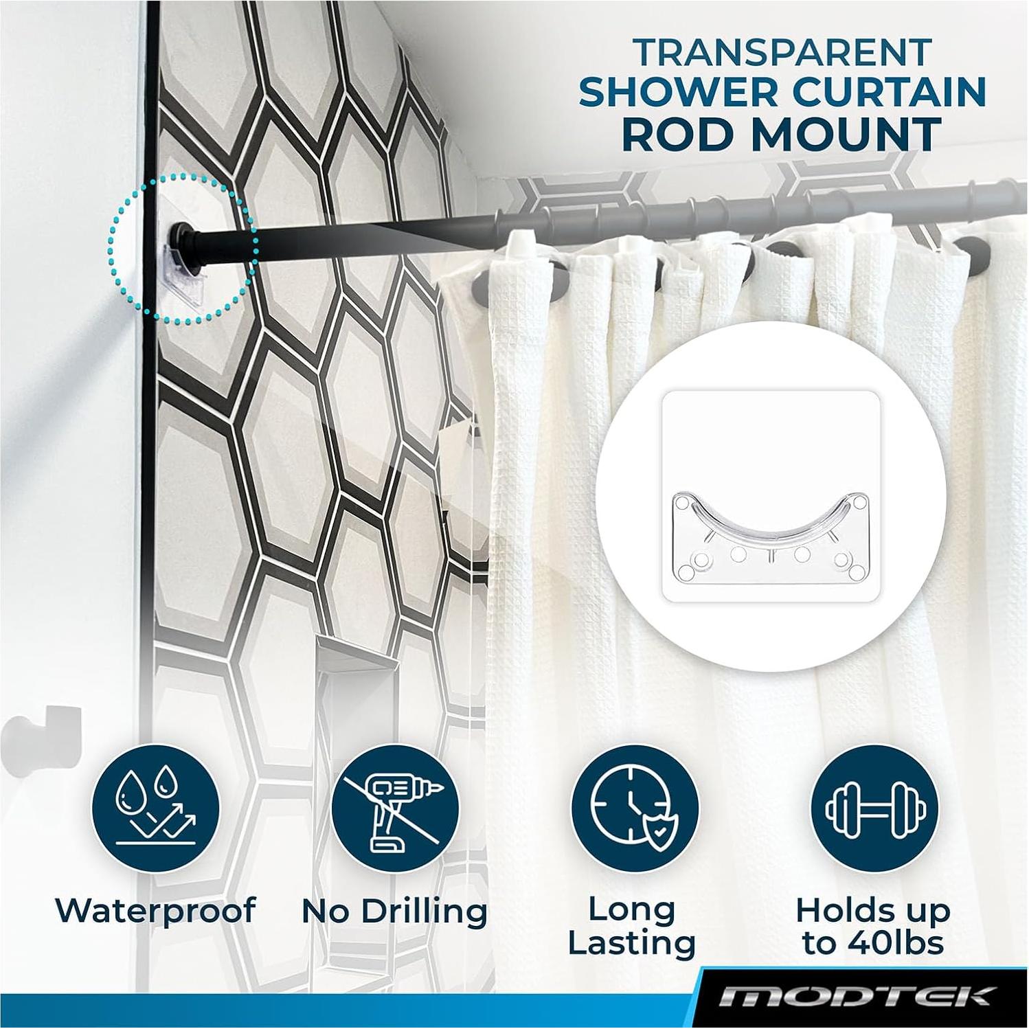 Soporte para barra de cortina de ducha Modtek M1768 - 4 piezas, transparente, sin perforación