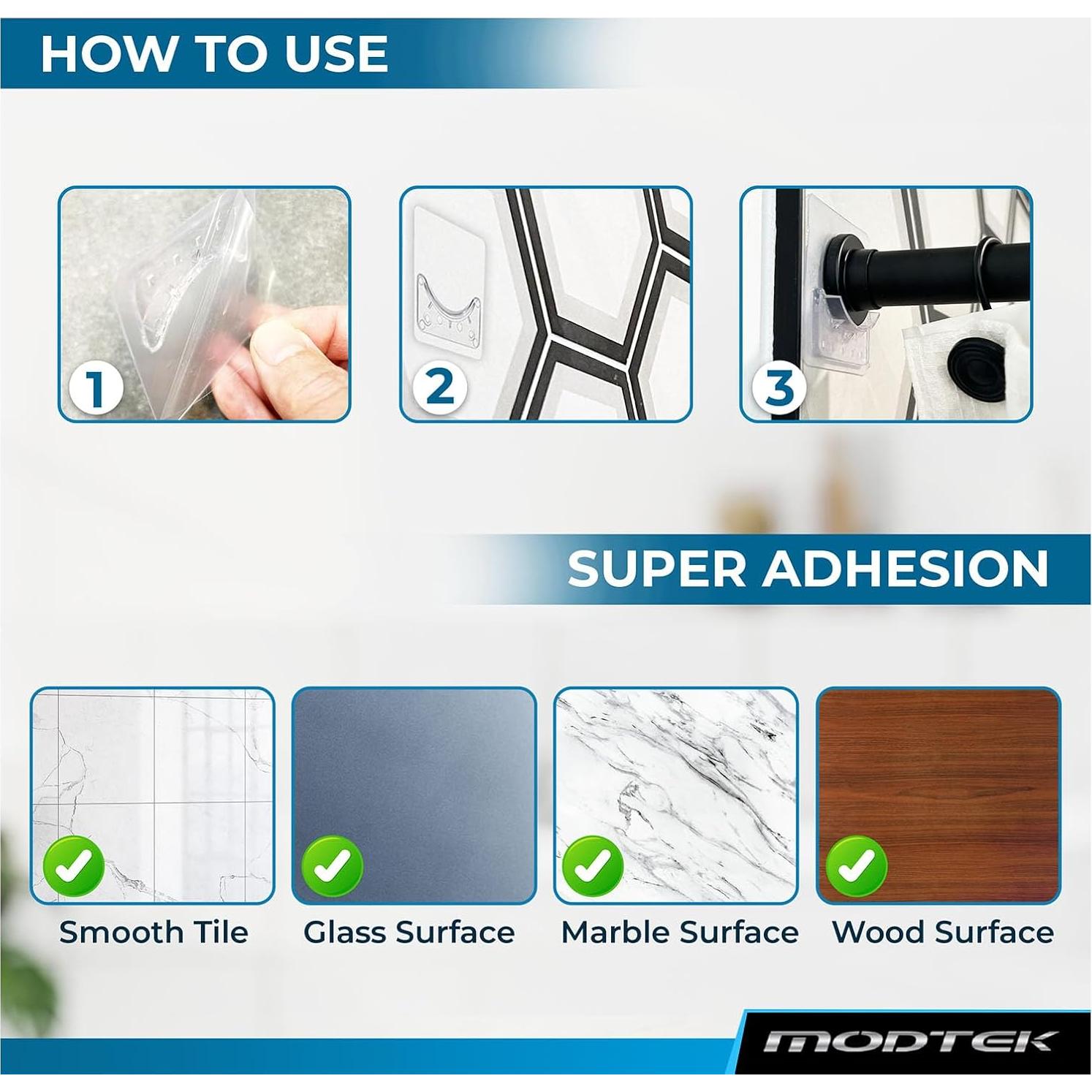 Soporte para barra de cortina de ducha Modtek M1768 - 4 piezas, transparente, sin perforación