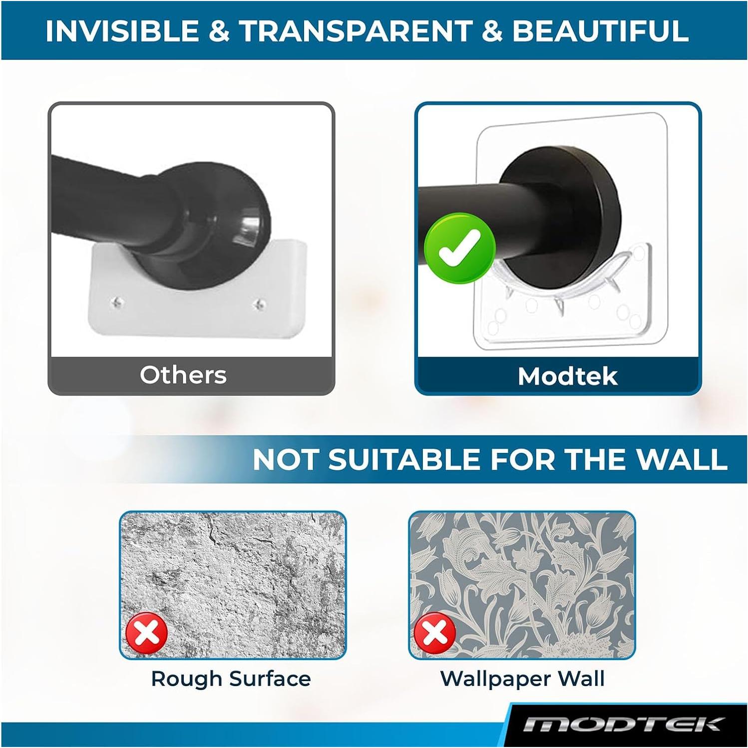 Soporte para barra de cortina de ducha Modtek M1768 - 4 piezas, transparente, sin perforación