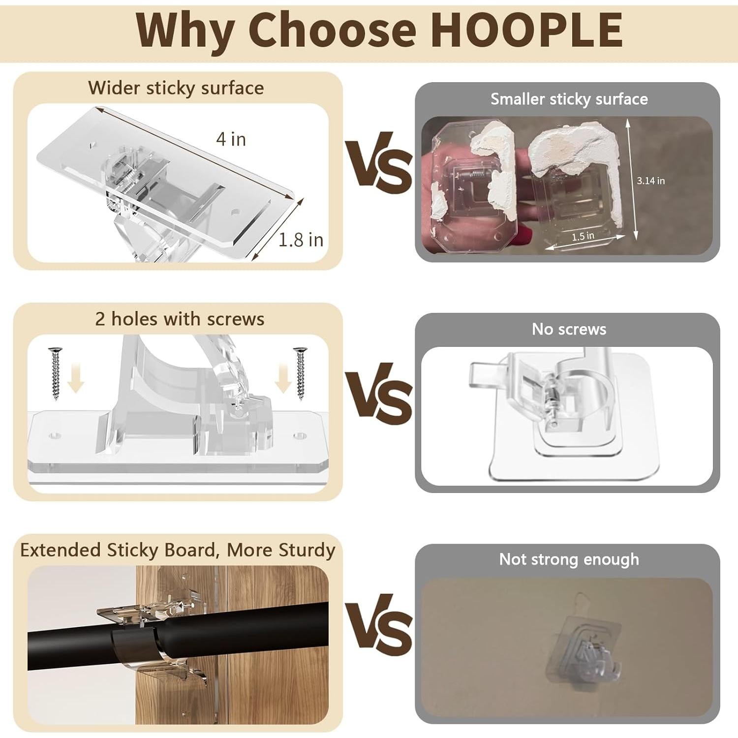 Soportes para Barras de Cortina HOOPLE - 6 Piezas Adhesivos Sin Taladro