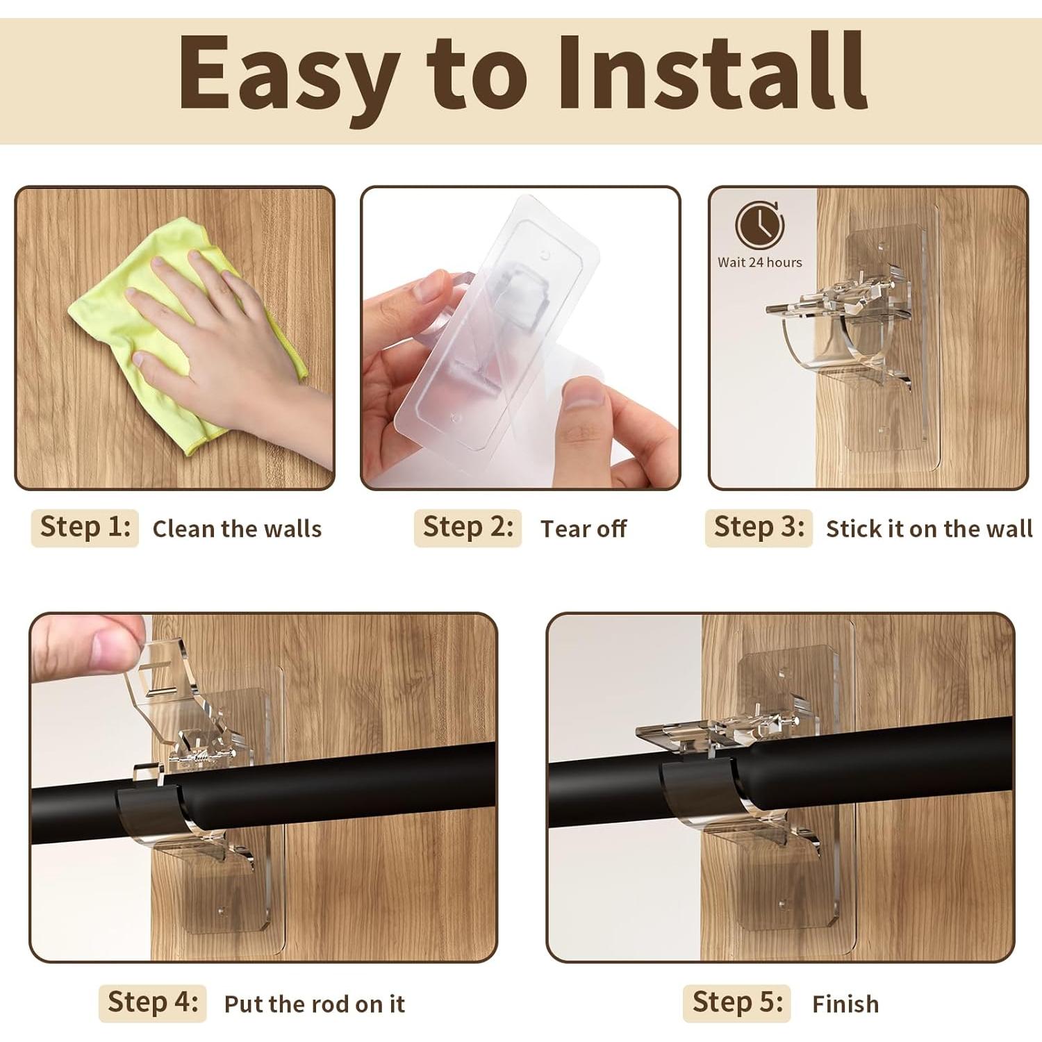 Soportes para Barras de Cortina HOOPLE - 6 Piezas Adhesivos Sin Taladro