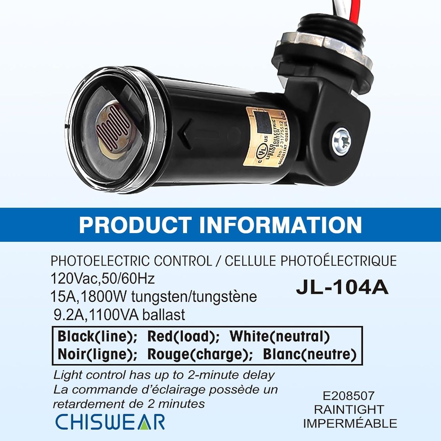 Sensor de Luz Automático CHISWEAR JL-104 con Retraso y Resistente al Agua