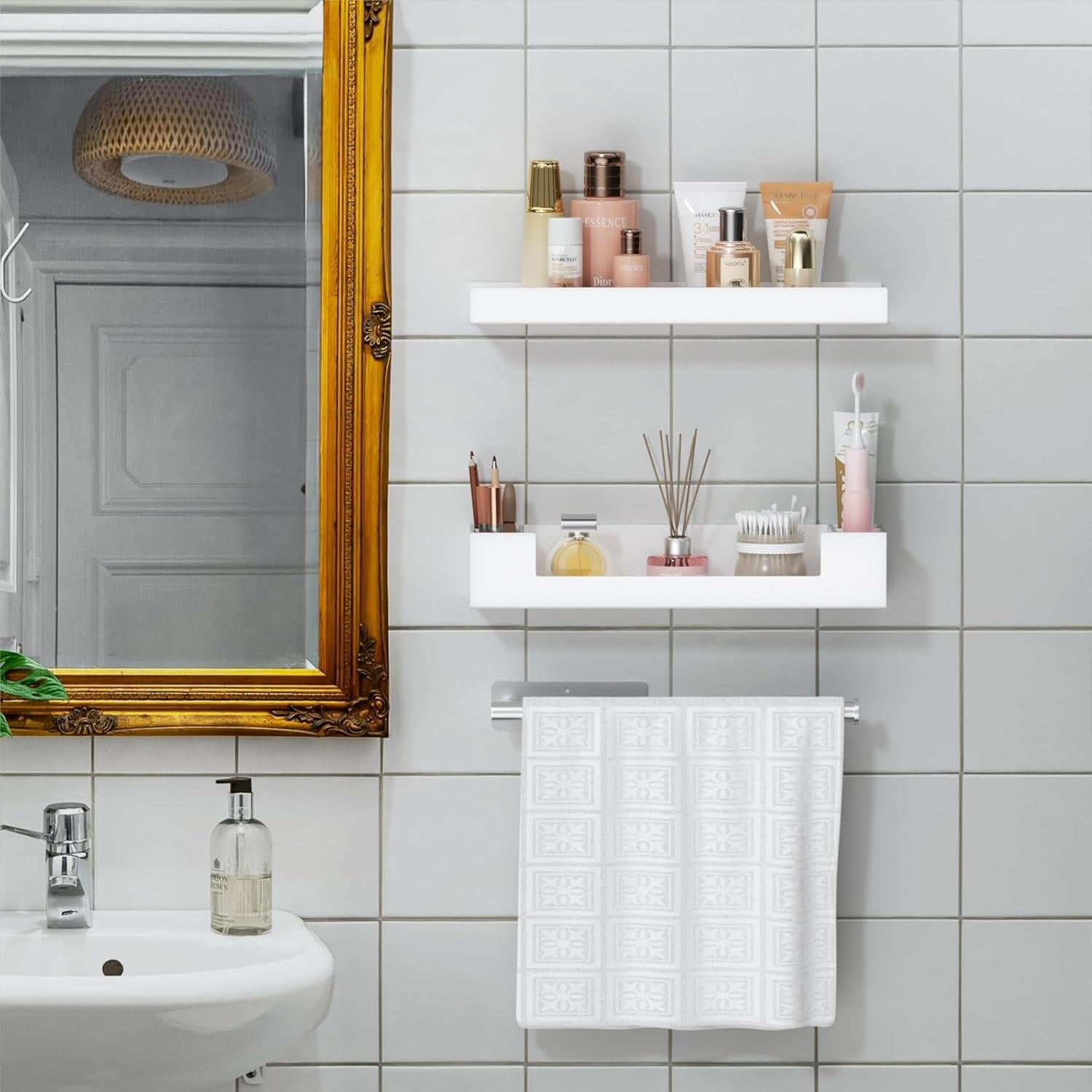 Estantes de baño HIIMIEI flotantes blancos 3 en 1 con barra