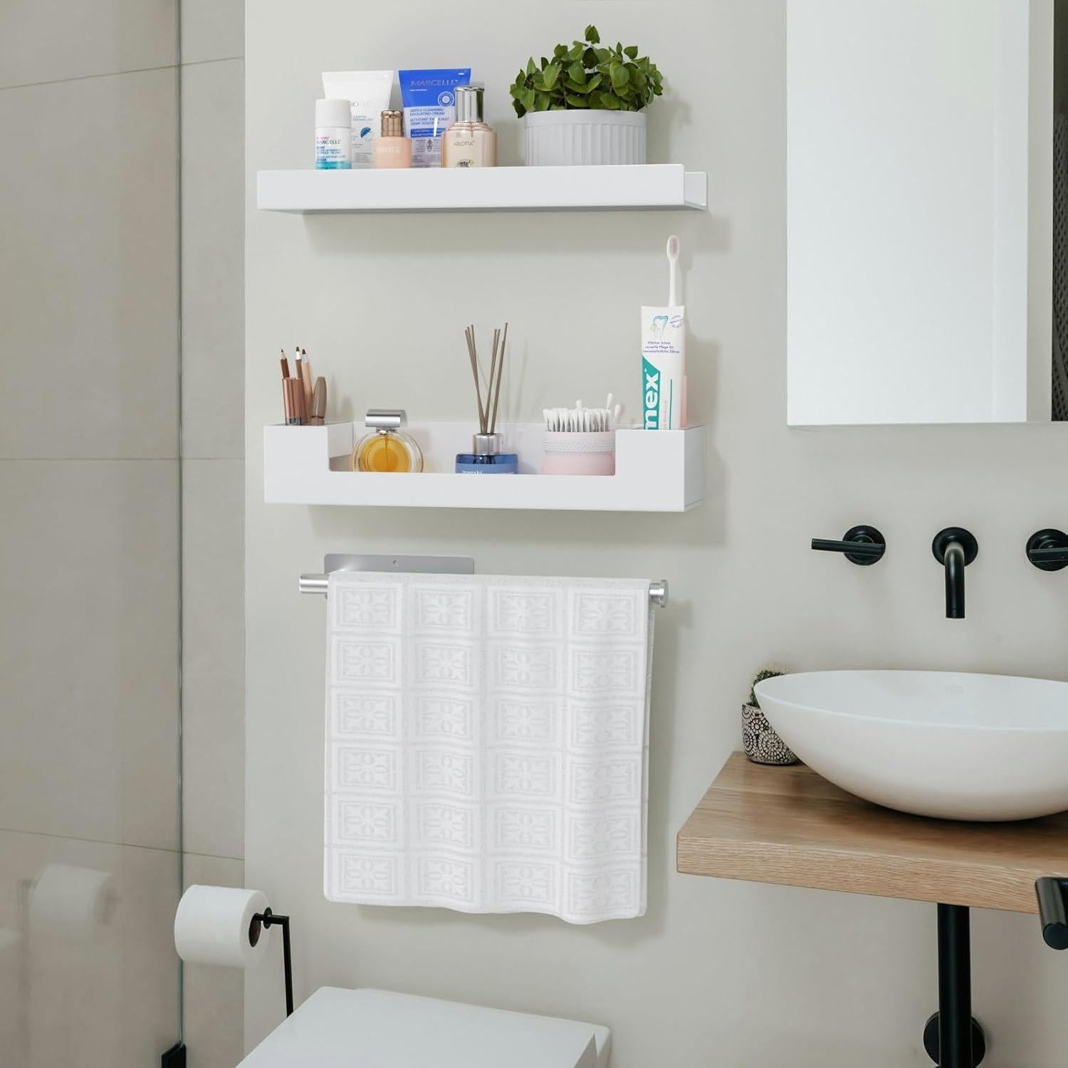 Estantes de baño HIIMIEI flotantes blancos 3 en 1 con barra