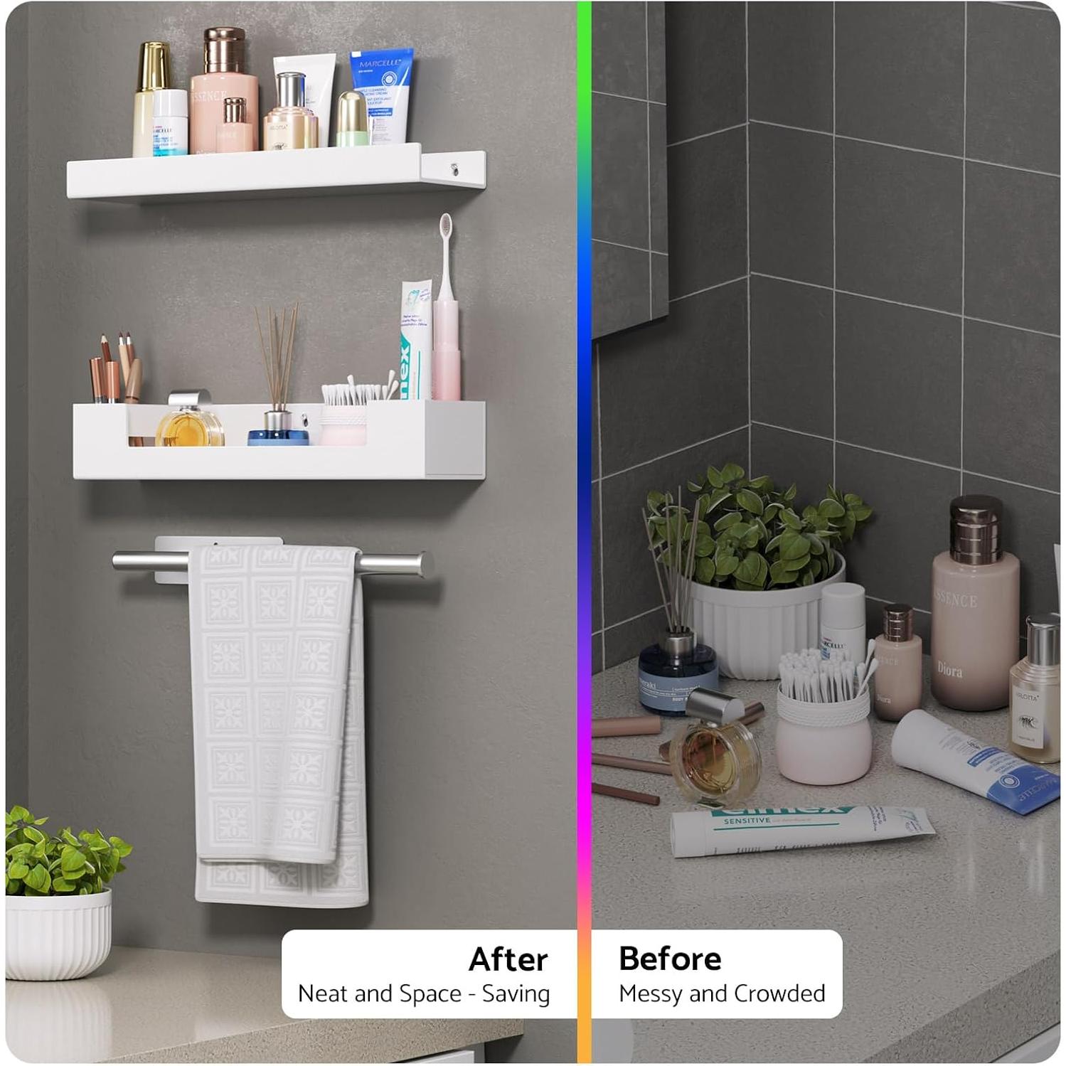 Estantes de baño HIIMIEI flotantes blancos 3 en 1 con barra