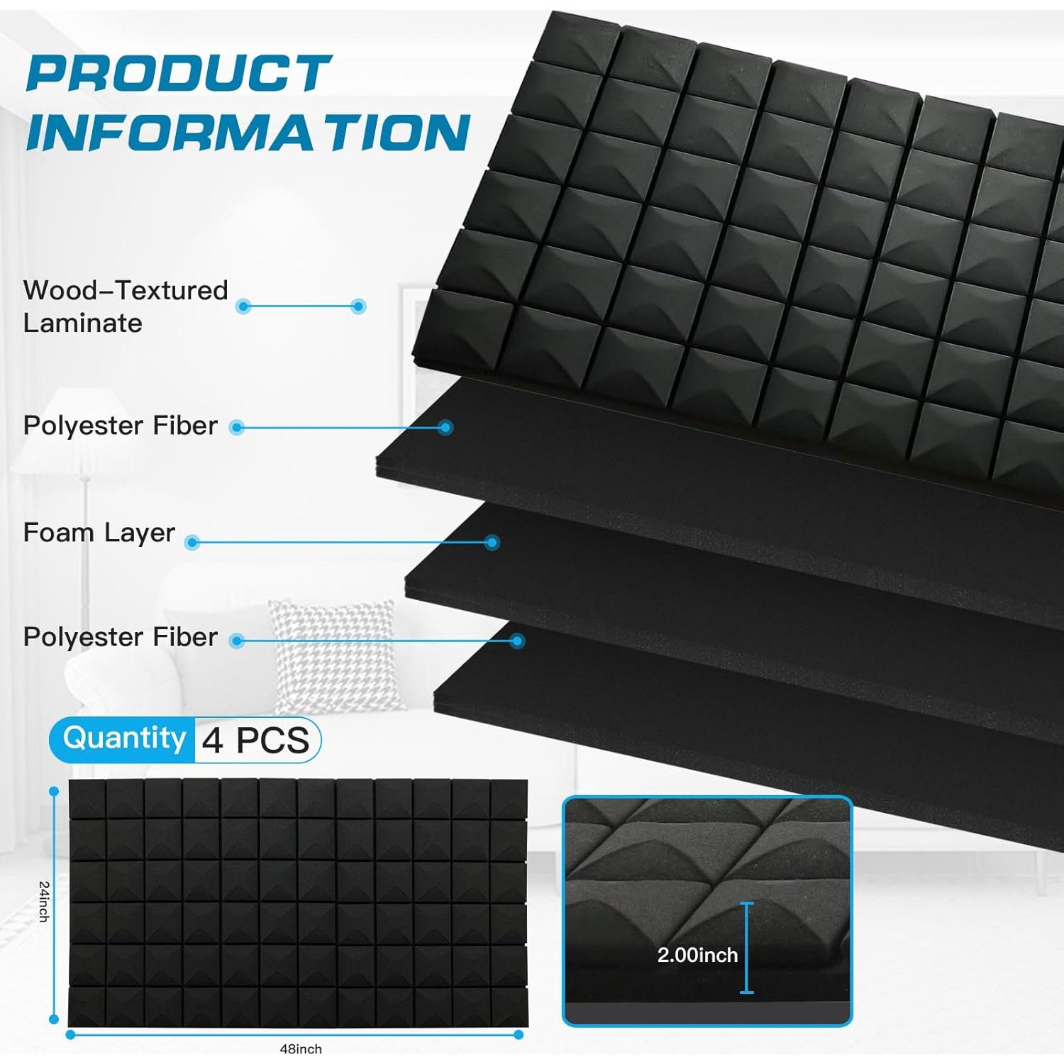 Paneles Acústicos de Espuma 4 Pcs 121.9x61cm Negro Aislantes