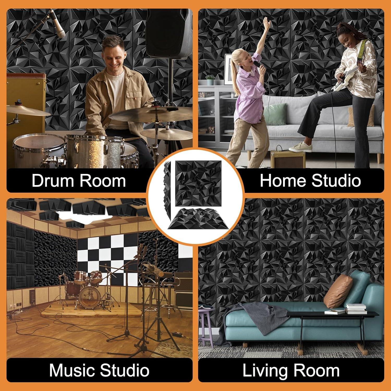 Paneles Difusores Acústicos TroyStudio 50x50cm 12 Pcs PVC Negro