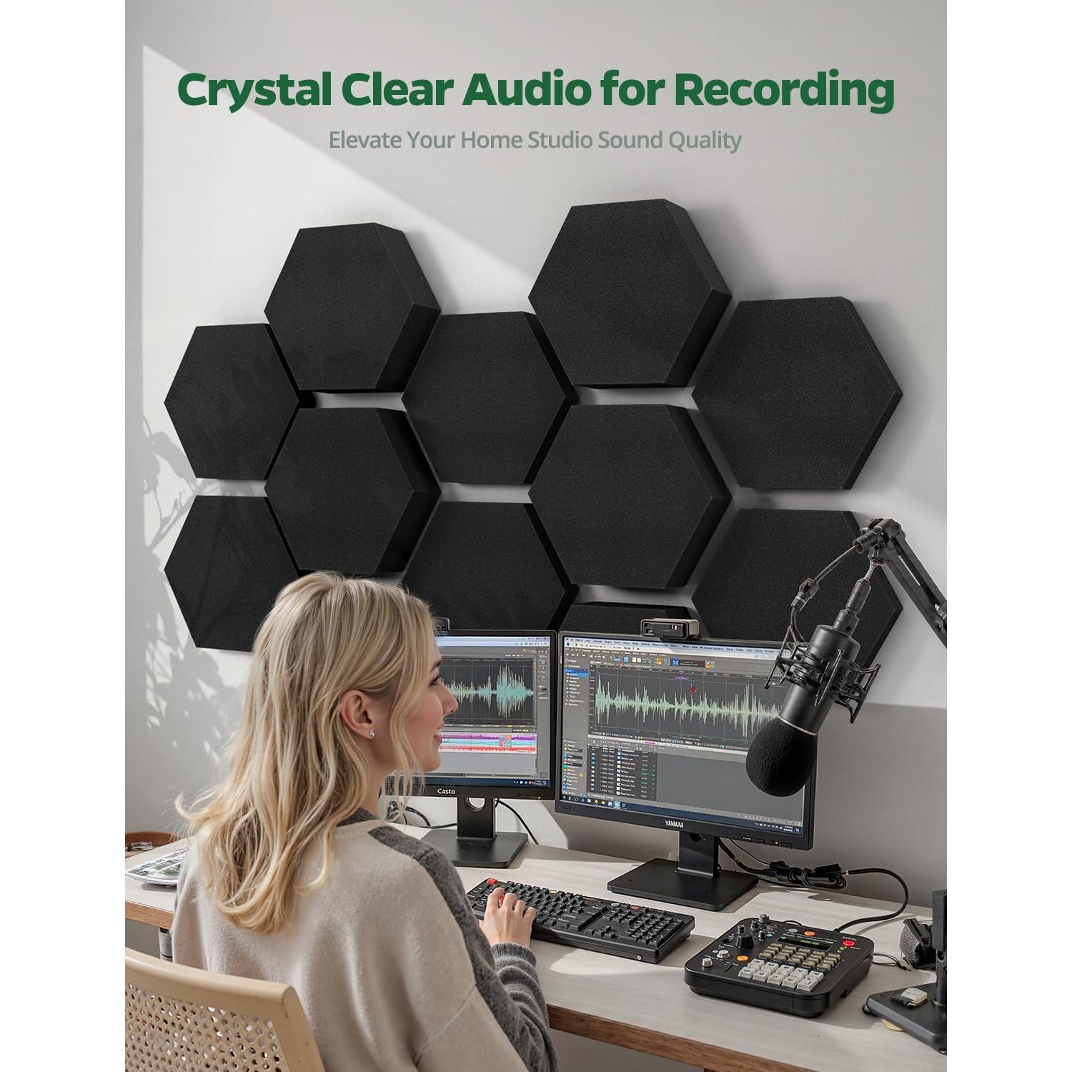 Paneles Acústicos Hexagonales 3D 12 Piezas 30.48x25.4cm Negro