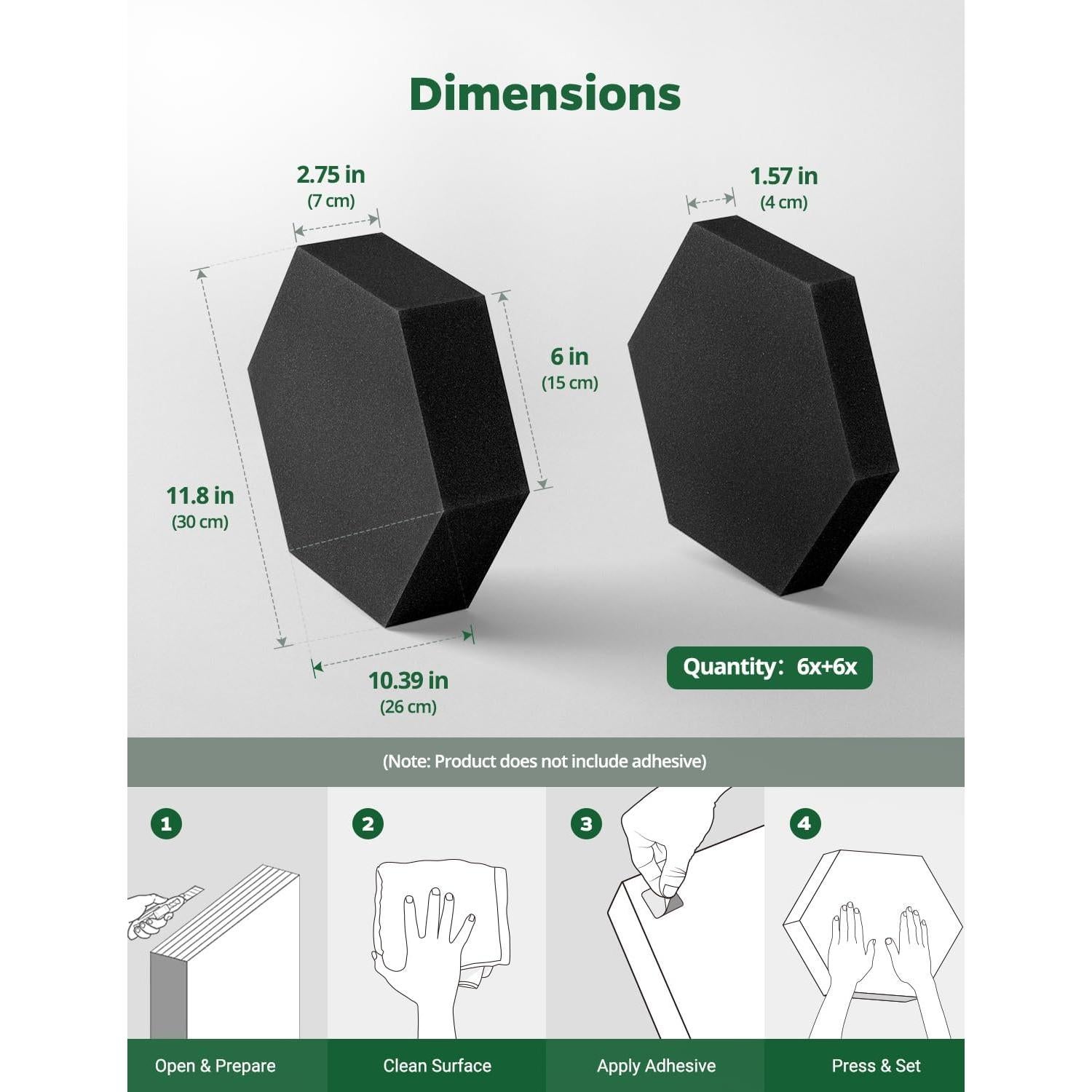 Paneles Acústicos Hexagonales 3D 12 Piezas 30.48x25.4cm Negro