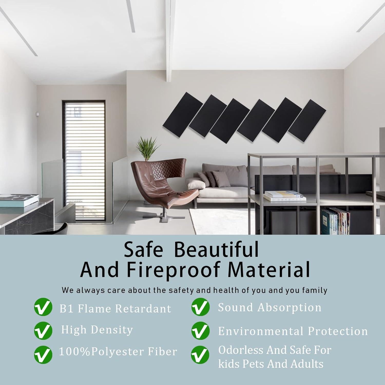 Paquete de 6 Paneles Acústicos Autoadhesivos 40x80 cm Negro