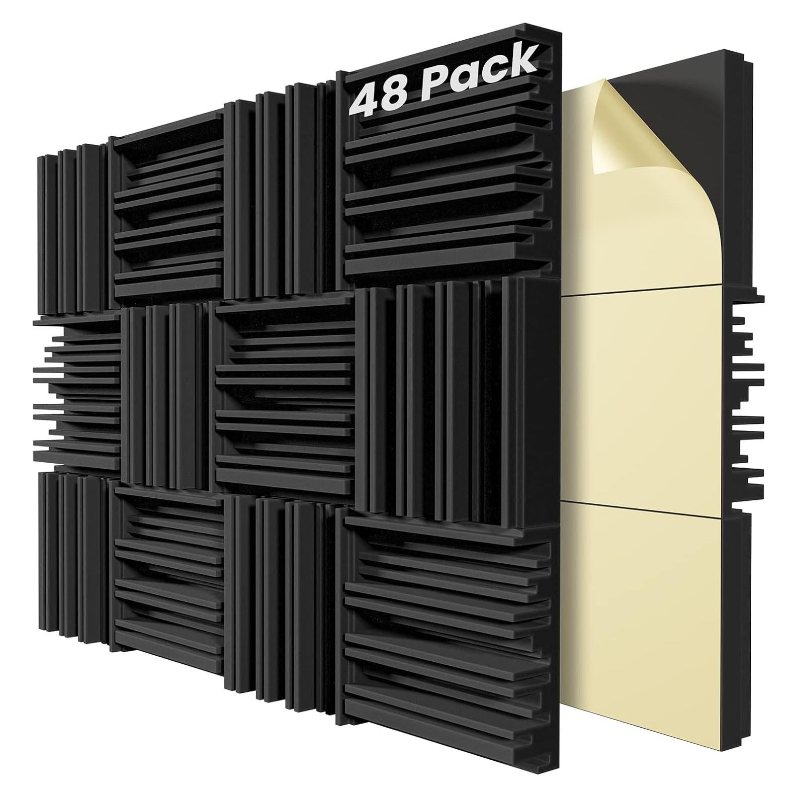 48 Paneles de Espuma Aislante Autoadhesivos 30.48x30.48cm Negro