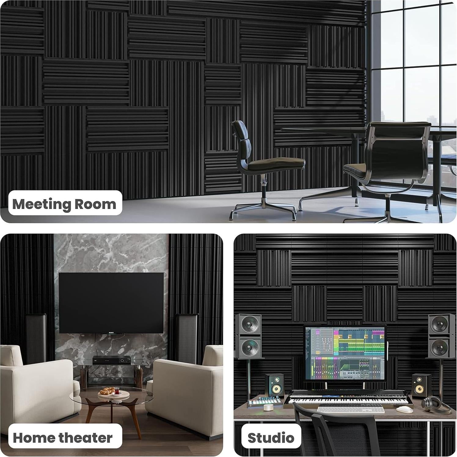 48 Paneles de Espuma Aislante Autoadhesivos 30.48x30.48cm Negro