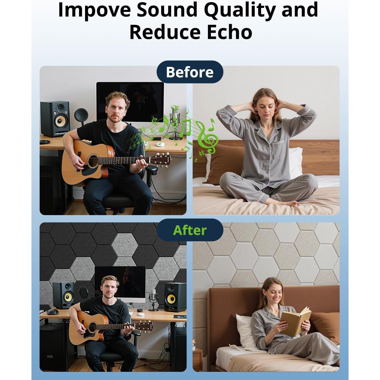 Paquete de 12 Paneles Acústicos Hexagonales Beige 30.48x25.4cm