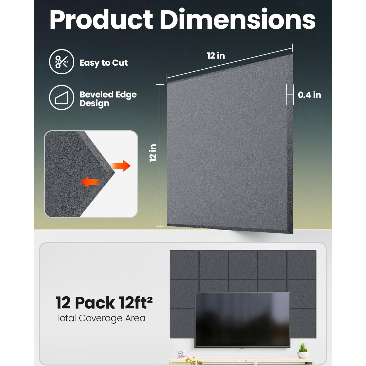 Paquete de 12 Paneles Acústicos JISUO 30.48x30.48 cm Gris