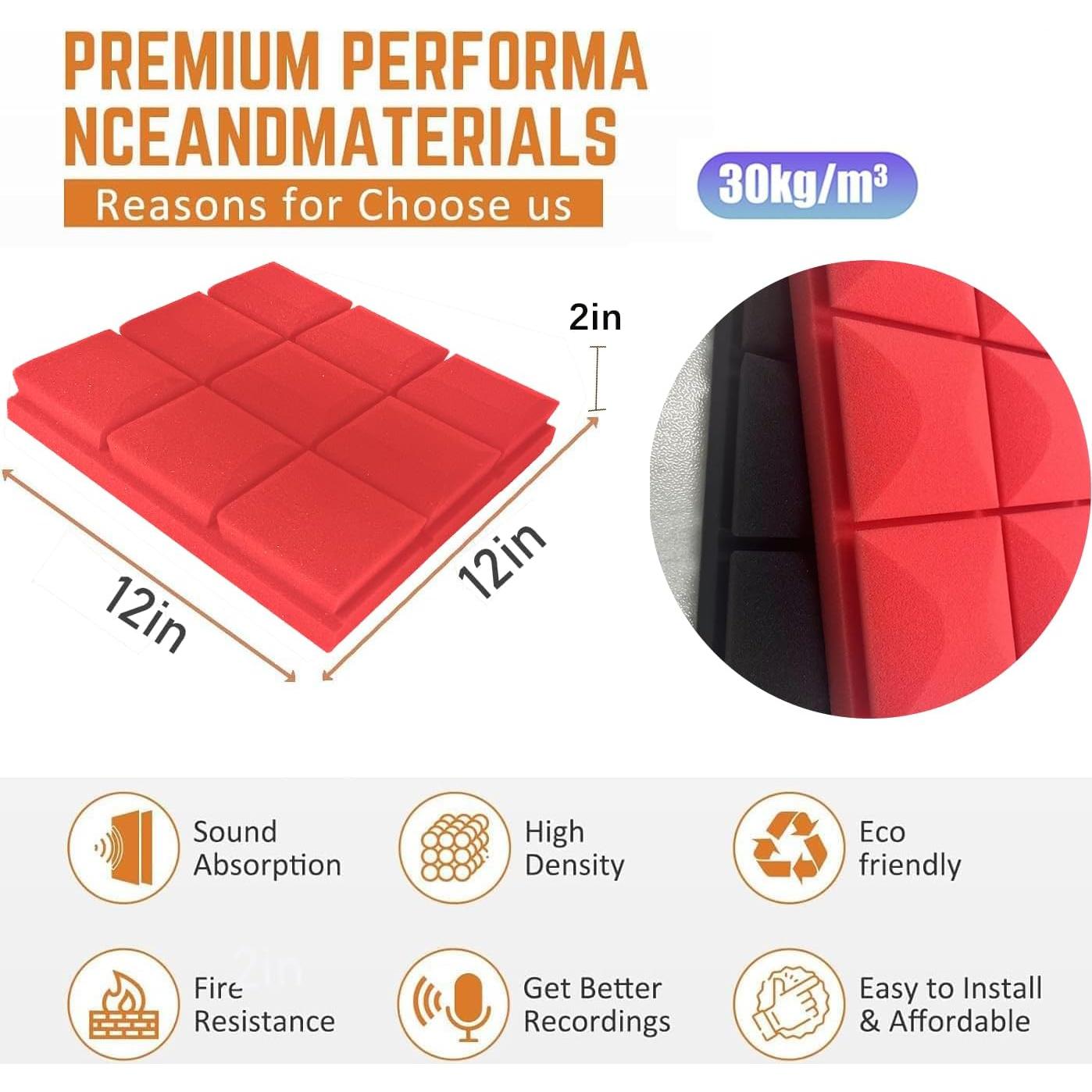 Paneles Acústicos Saiqiang 12 Piezas 5.08 cm Rojo Alta Densidad