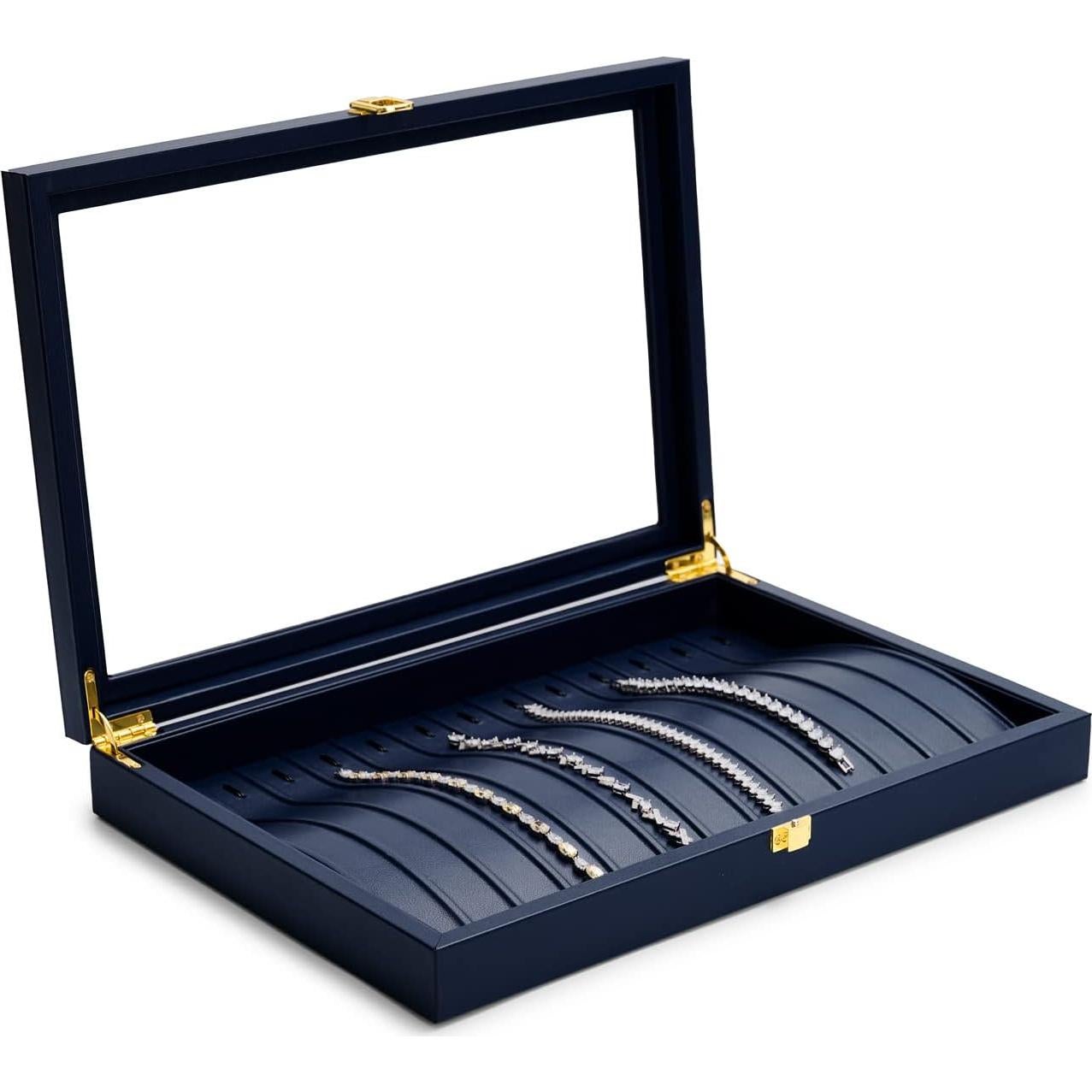 Caja de Joyería Oirlv de Cuero Azul con Tapa Acrílica 35x24x5.5cm