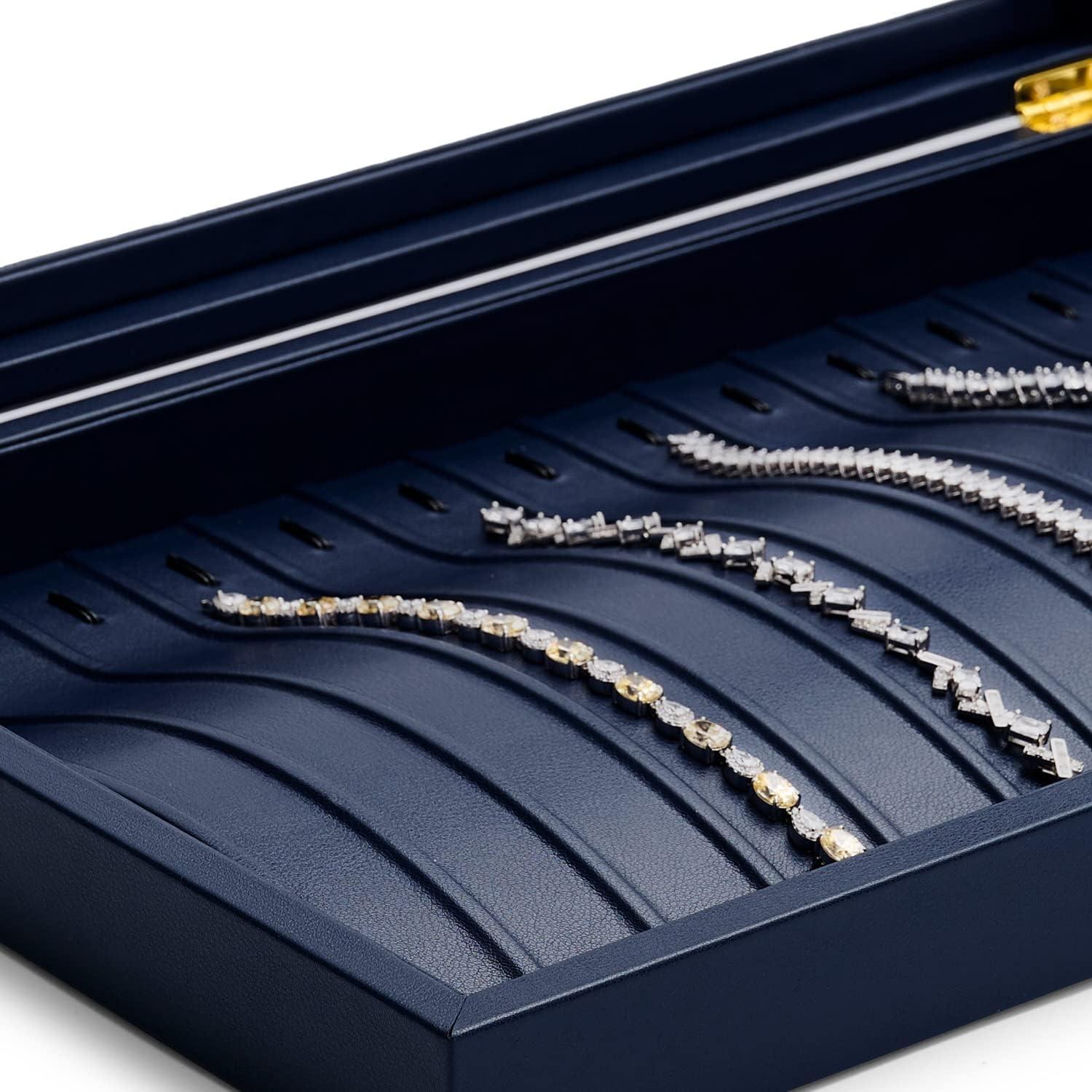 Caja de Joyería Oirlv de Cuero Azul con Tapa Acrílica 35x24x5.5cm