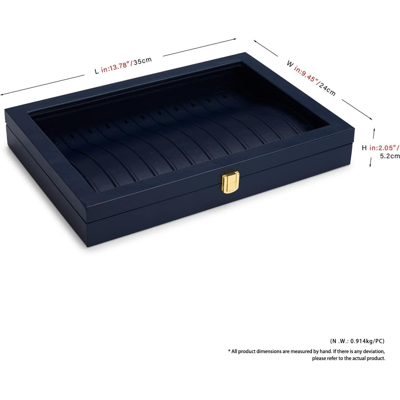 Caja de Joyería Oirlv de Cuero Azul con Tapa Acrílica 35x24x5.5cm