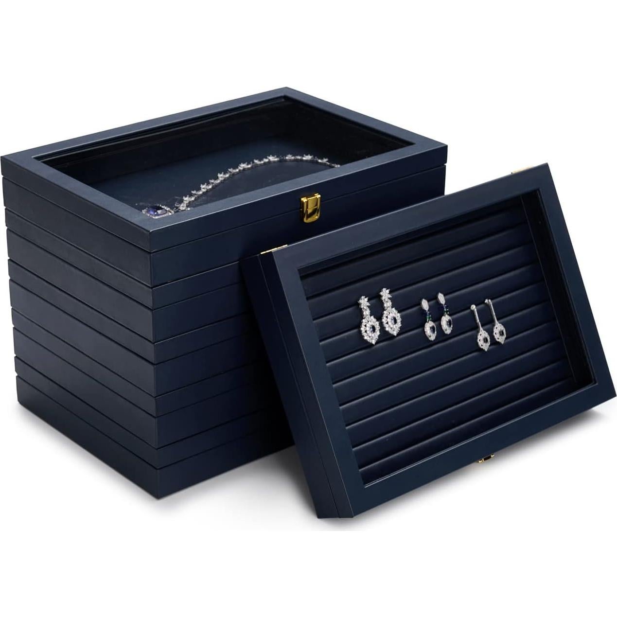 Caja de Joyería Oirlv de Cuero Azul con Tapa Acrílica 35x24x5.5cm