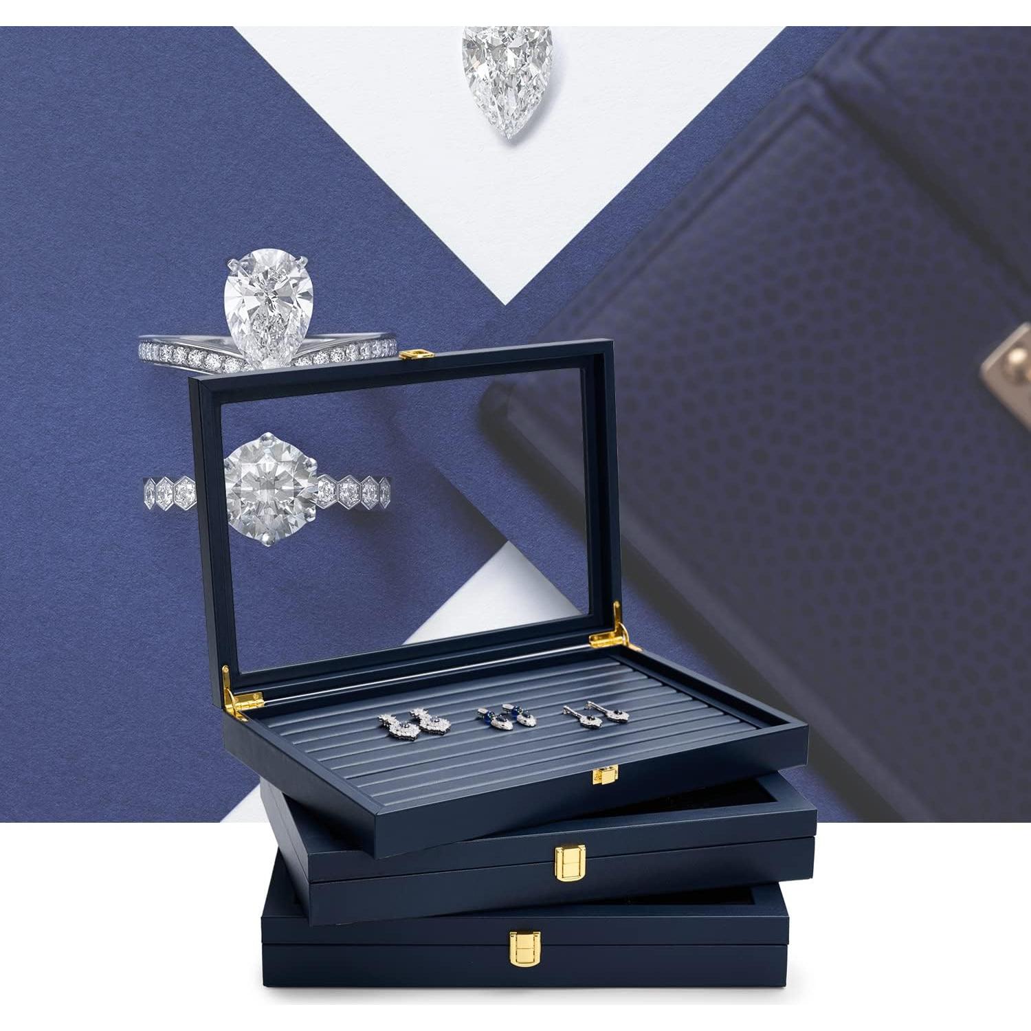 Caja de Joyería Oirlv de Cuero Azul con Tapa Acrílica 35x24x5.5cm