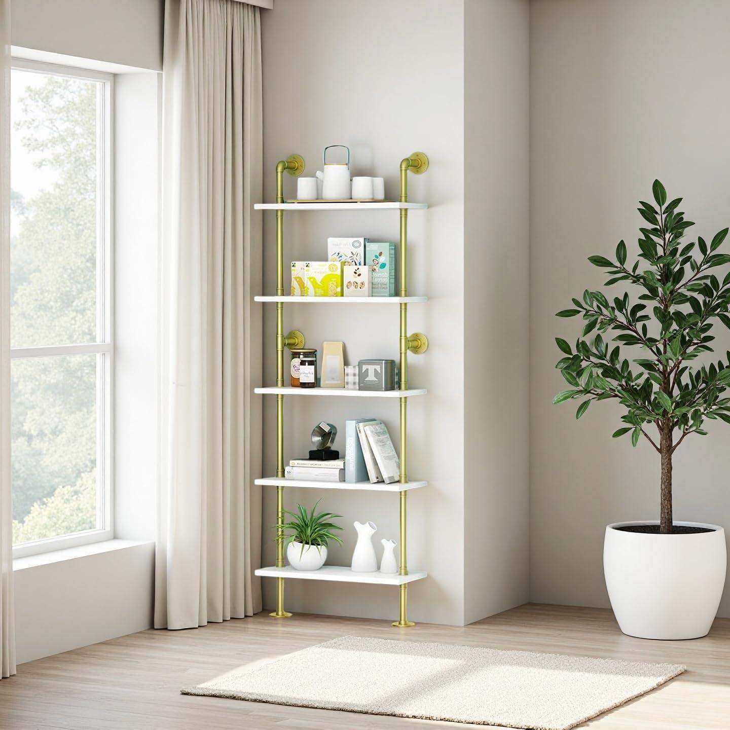 Estantería de Pared HEONITURE 5 Niveles Blanca y Oro