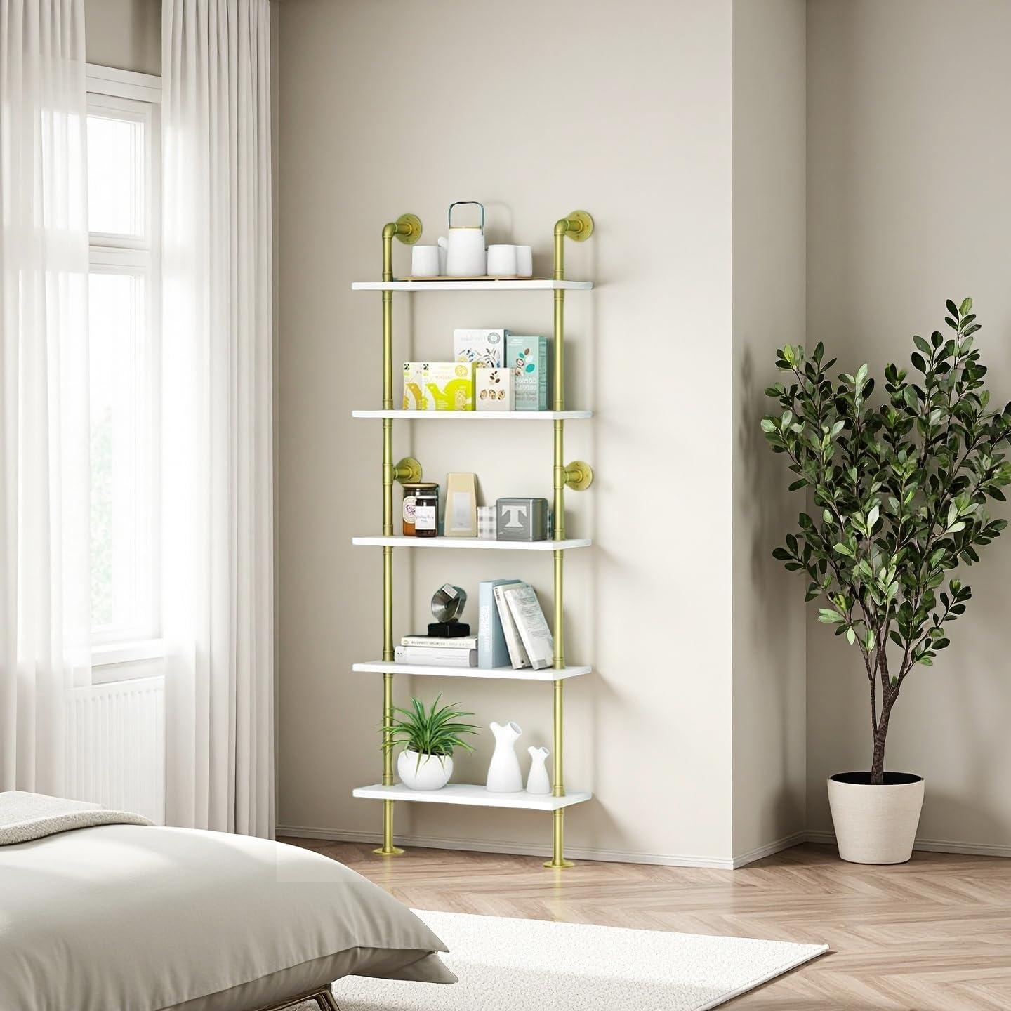 Estantería de Pared HEONITURE 5 Niveles Blanca y Oro